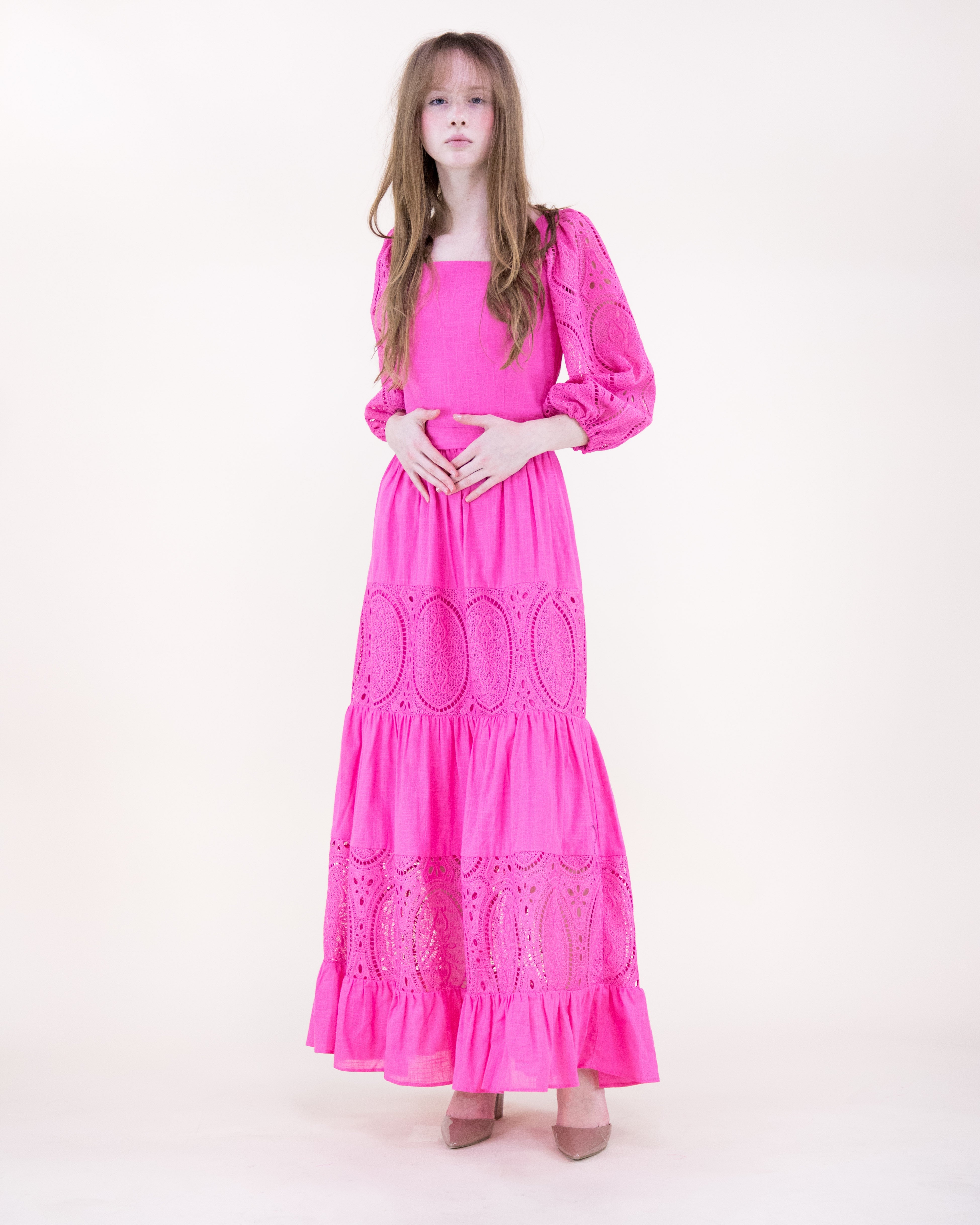 Garden Flora Lace Blouson Sleeve Maxi Dress - KHAKI (S/M, L/XL) (Pack of 6)