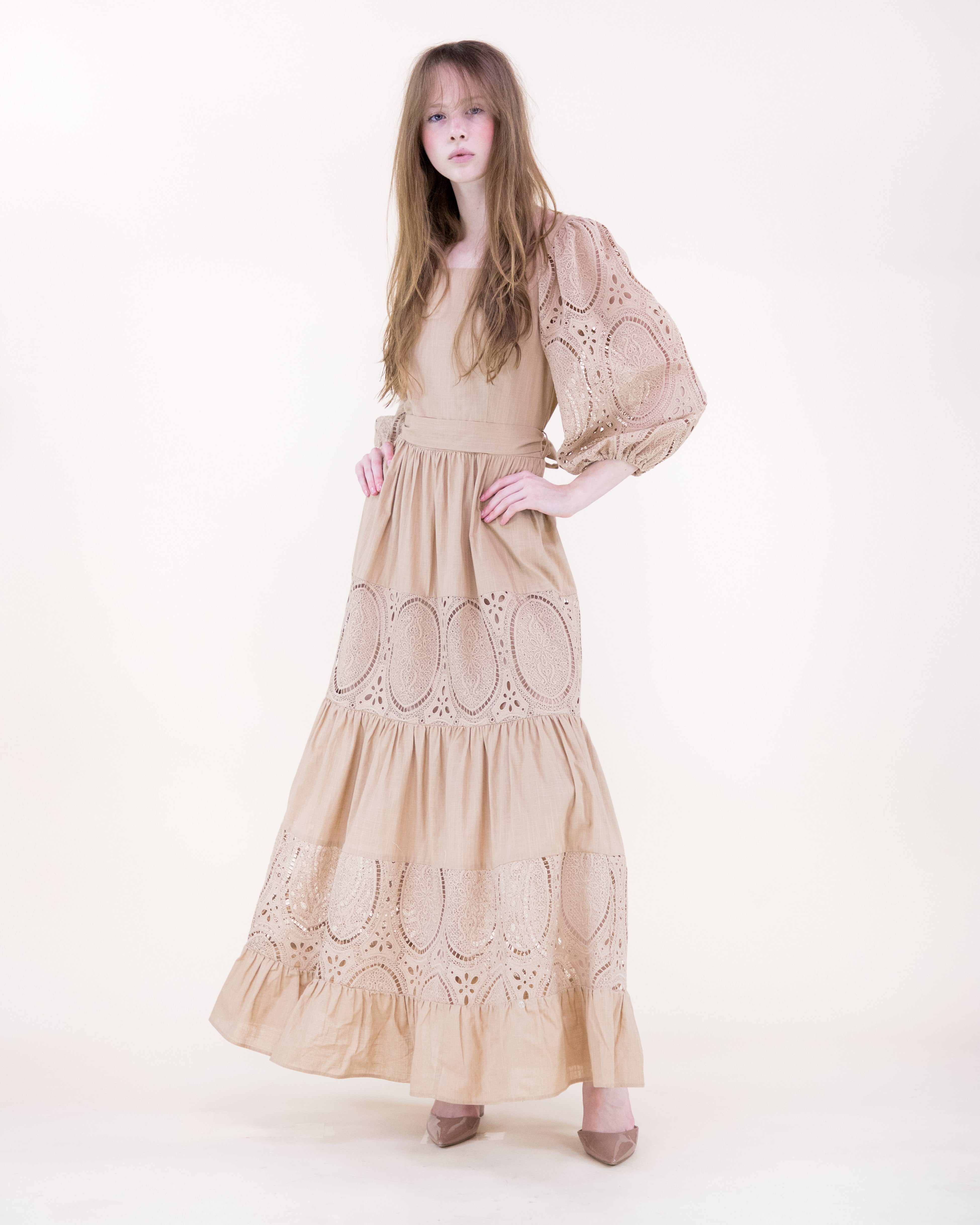 Garden Flora Lace Blouson Sleeve Maxi Dress - KHAKI (S/M, L/XL) (Pack of 6)