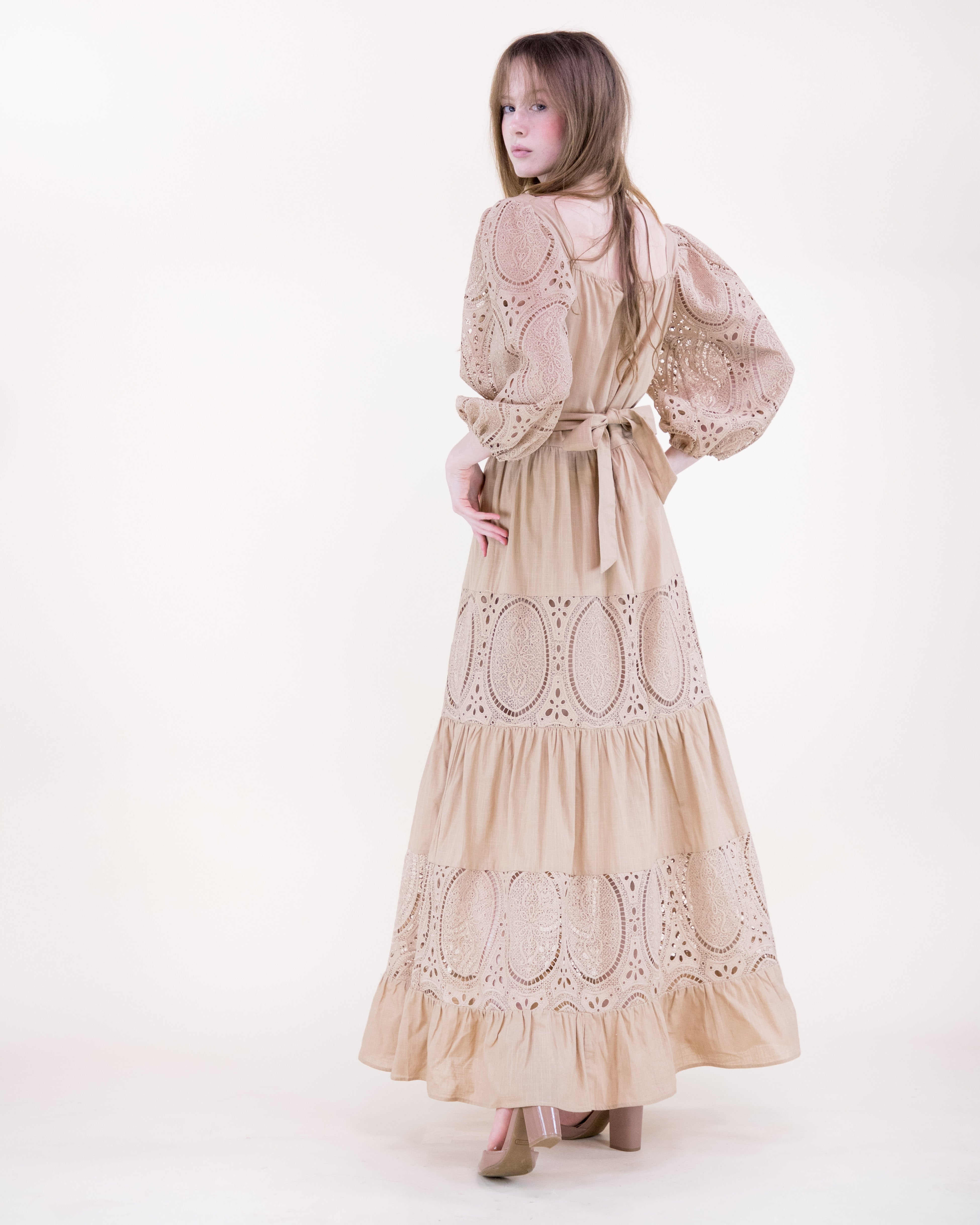 Garden Flora Lace Blouson Sleeve Maxi Dress - KHAKI (S/M, L/XL) (Pack of 6)