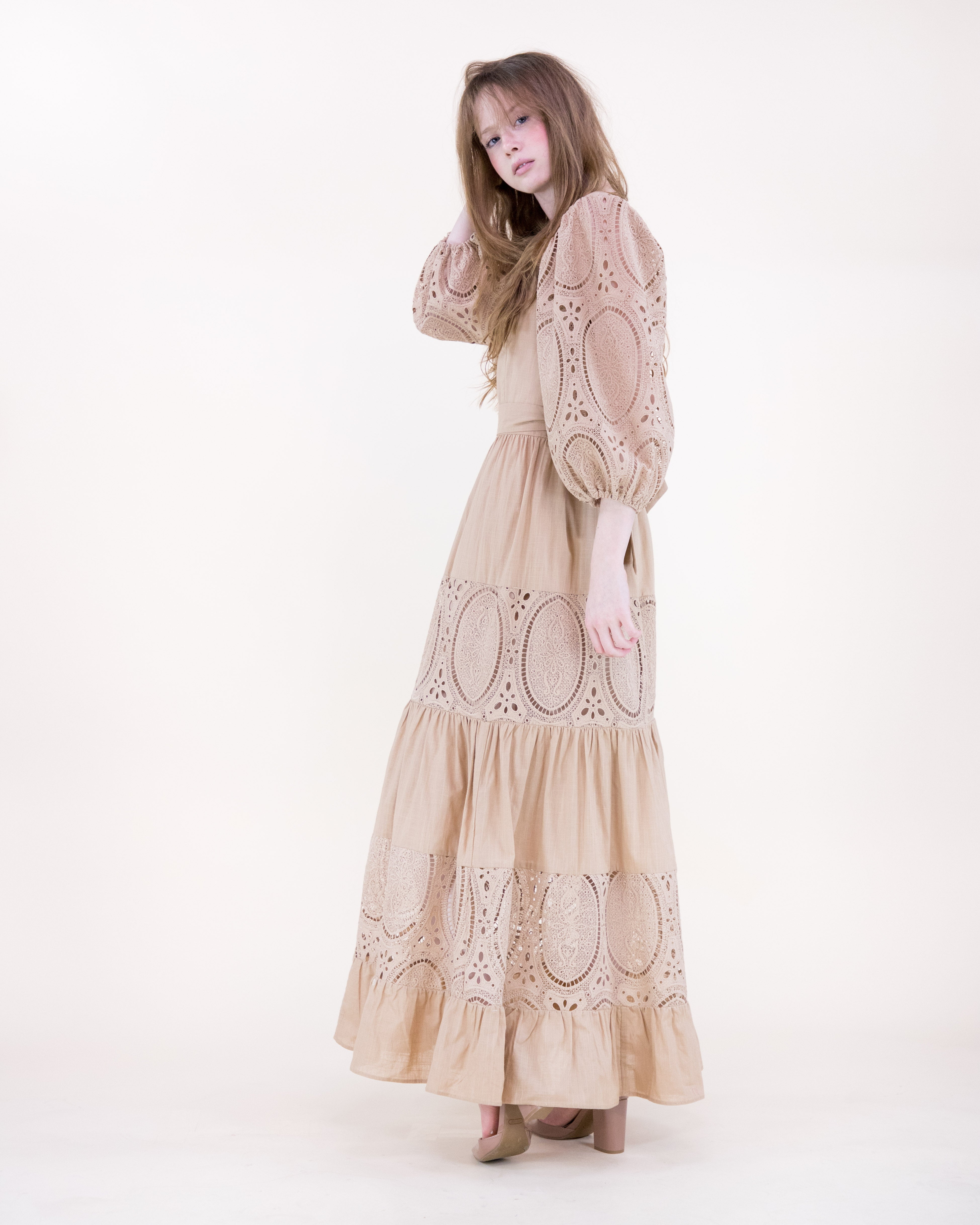 Garden Flora Lace Blouson Sleeve Maxi Dress - KHAKI (S/M, L/XL) (Pack of 6)