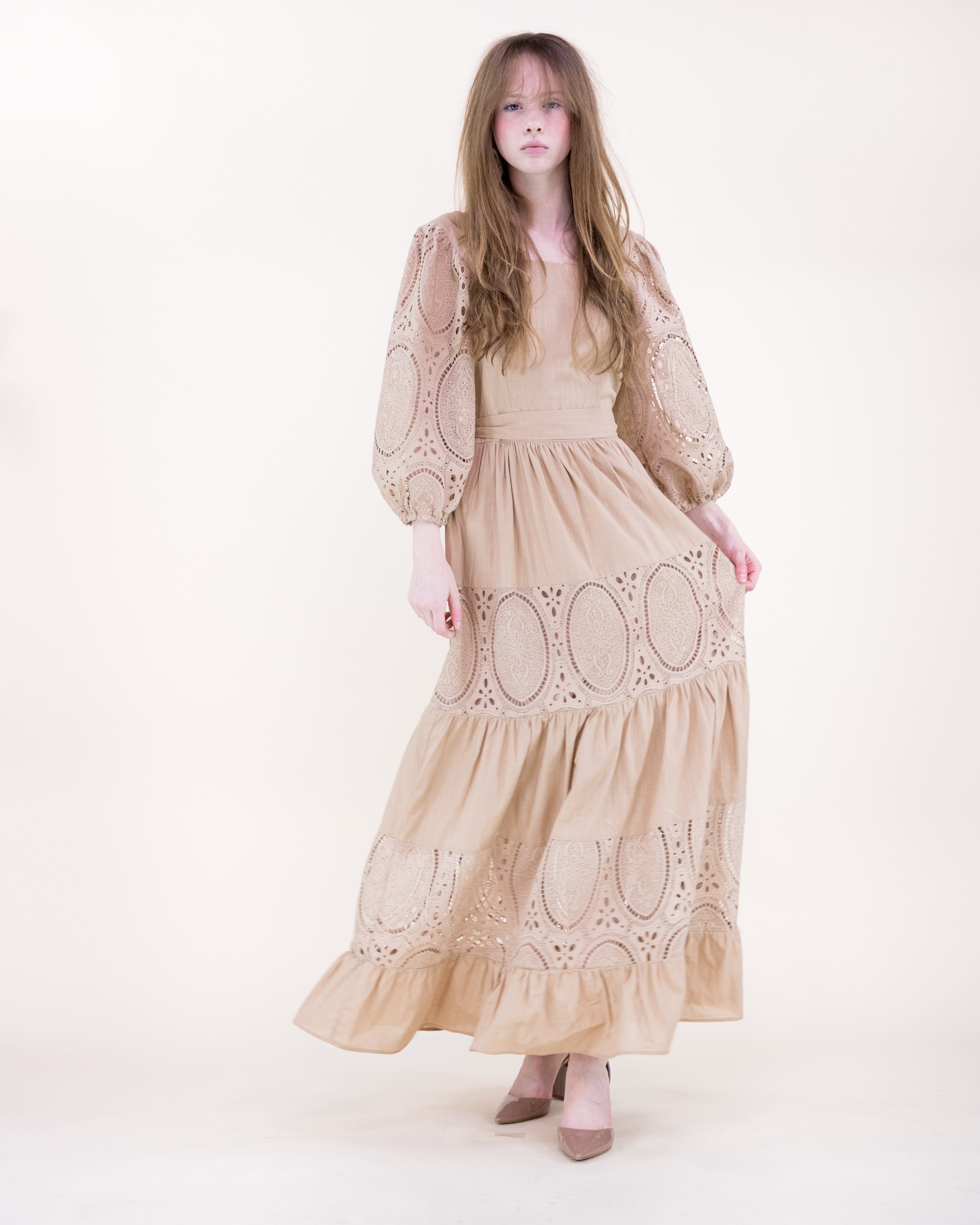 Garden Flora Lace Blouson Sleeve Maxi Dress - KHAKI (S/M, L/XL) (Pack of 6)