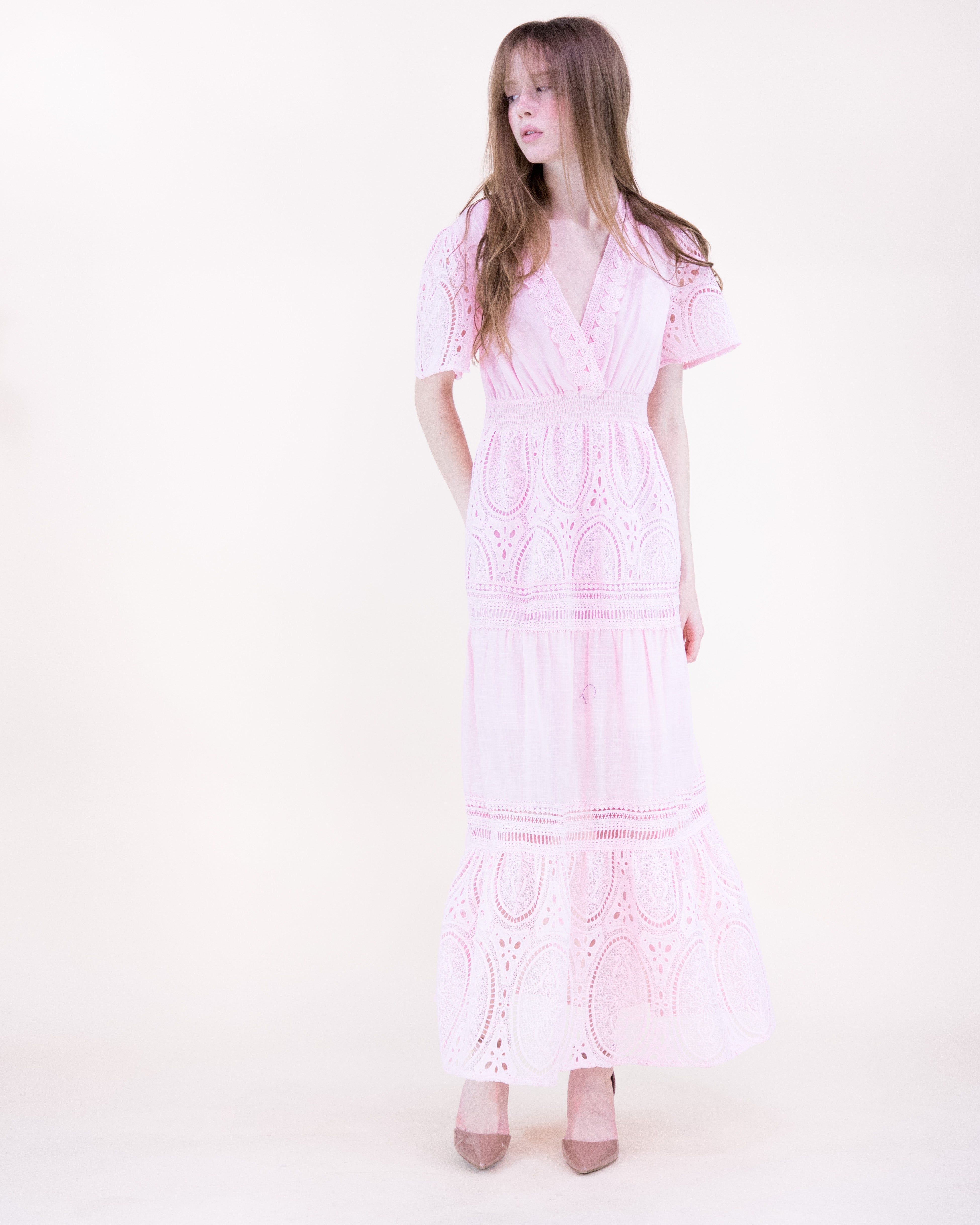 Garden Flora Lace Surplice Butterfly Sleeve Maxi Dress - WHITE (S/M, L/XL) (Pack of 6)