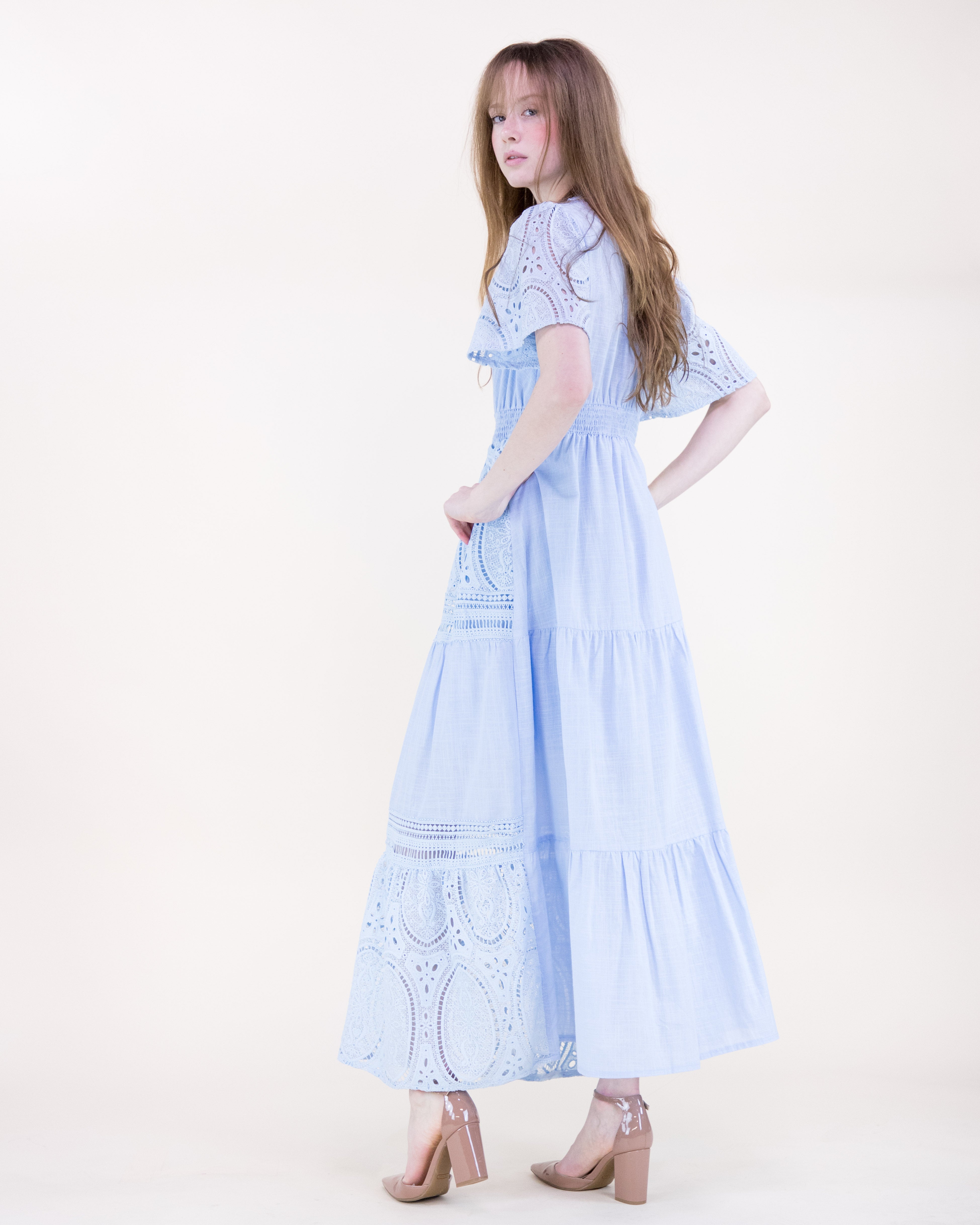 Garden Flora Lace Surplice Butterfly Sleeve Maxi Dress - WHITE (S/M, L/XL) (Pack of 6)