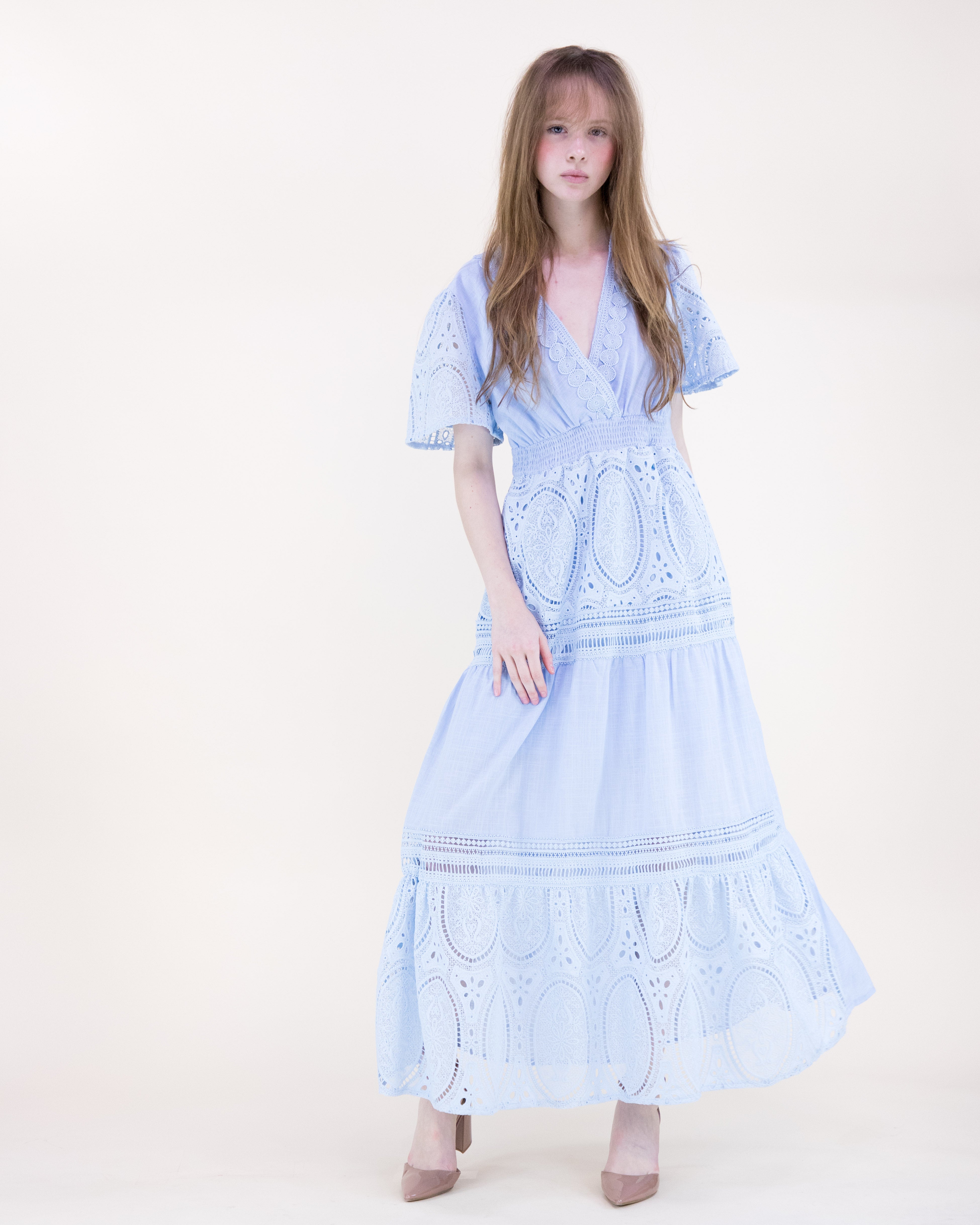 Garden Flora Lace Surplice Butterfly Sleeve Maxi Dress - WHITE (S/M, L/XL) (Pack of 6)