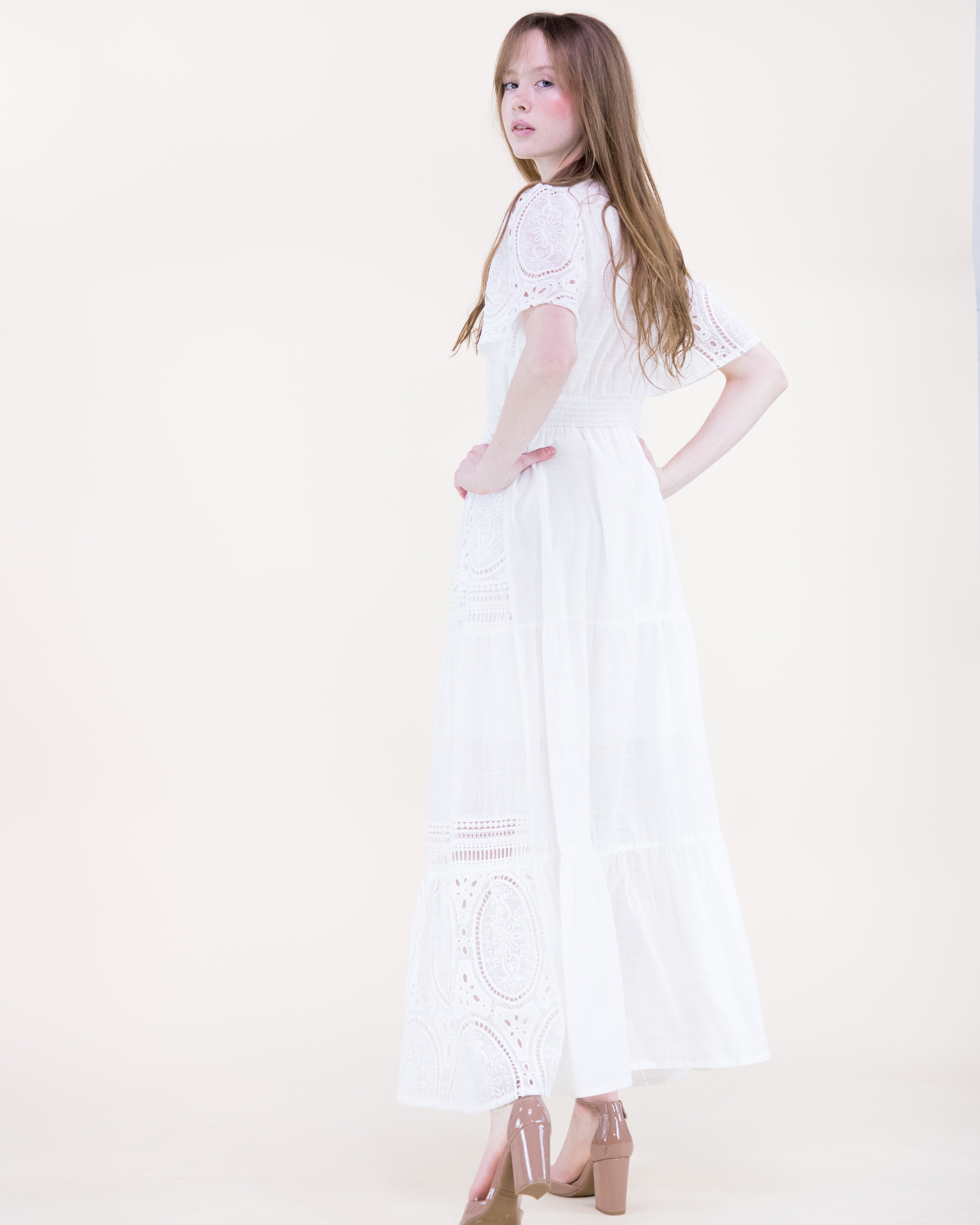 Garden Flora Lace Surplice Butterfly Sleeve Maxi Dress - WHITE (S/M, L/XL) (Pack of 6)