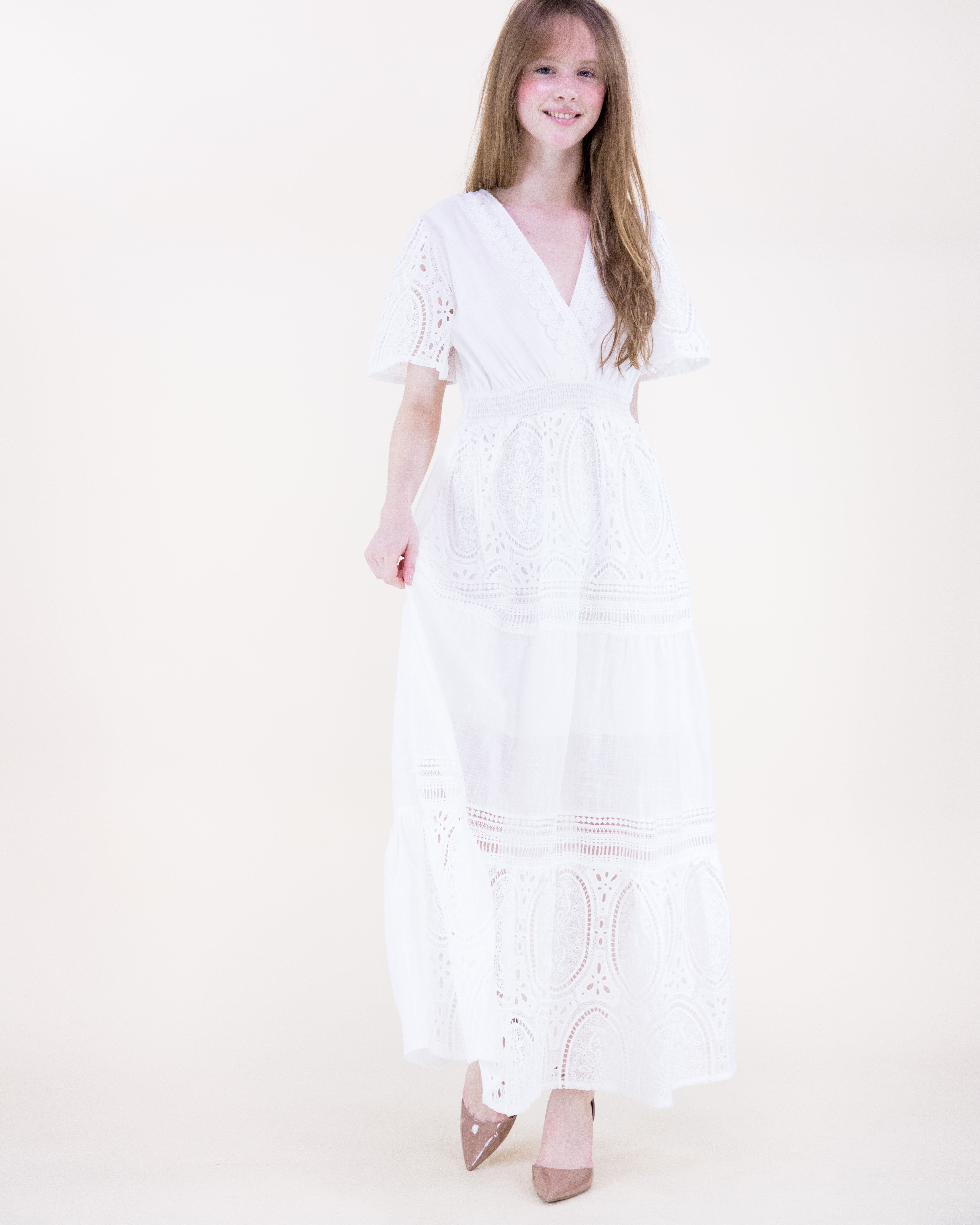 Garden Flora Lace Surplice Butterfly Sleeve Maxi Dress - WHITE (S/M, L/XL) (Pack of 6)