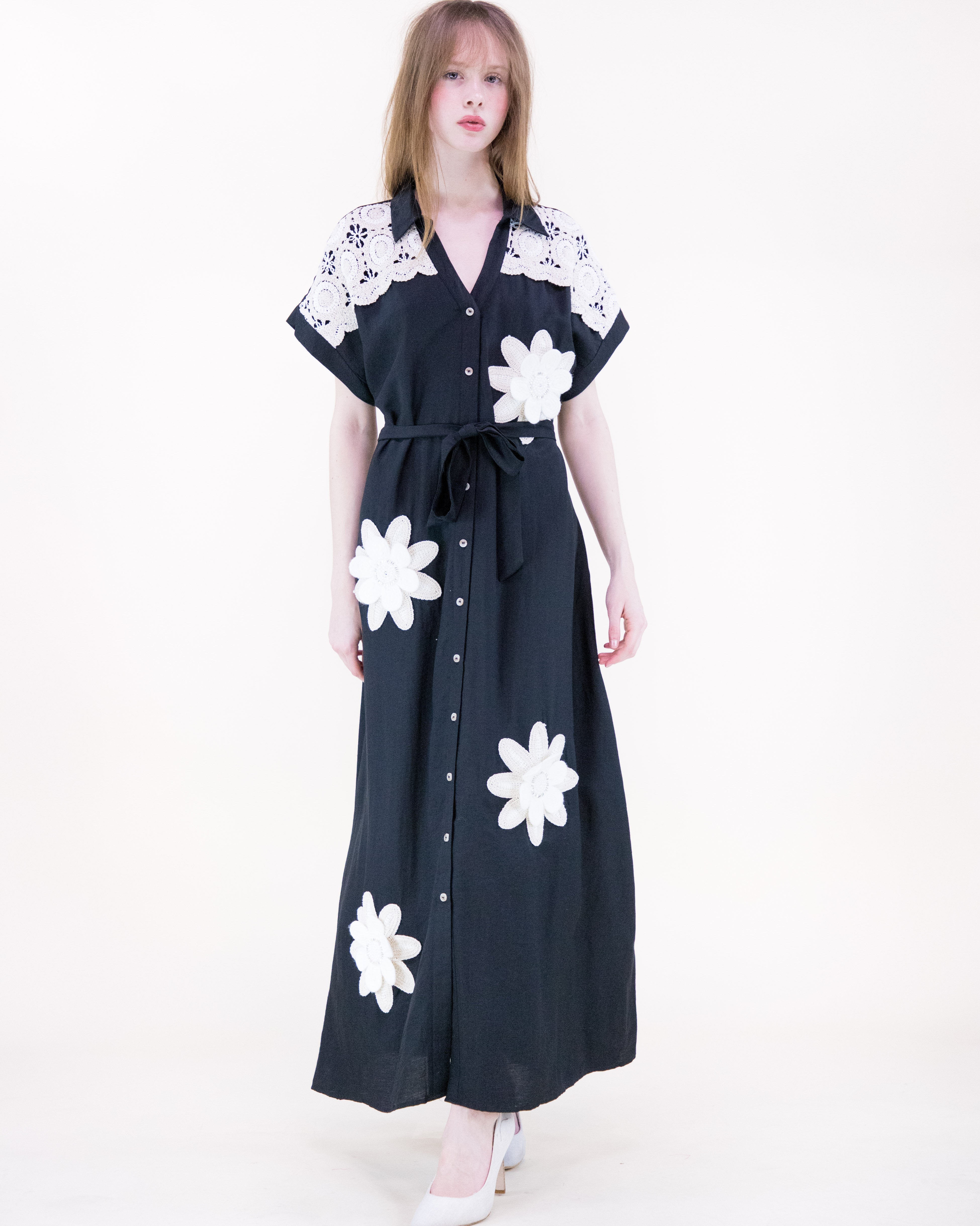 Magnolia Flower Appliqué Belted Maxi Shirt Dress - BLACK (S/M, L/XL) (Pack of 6)