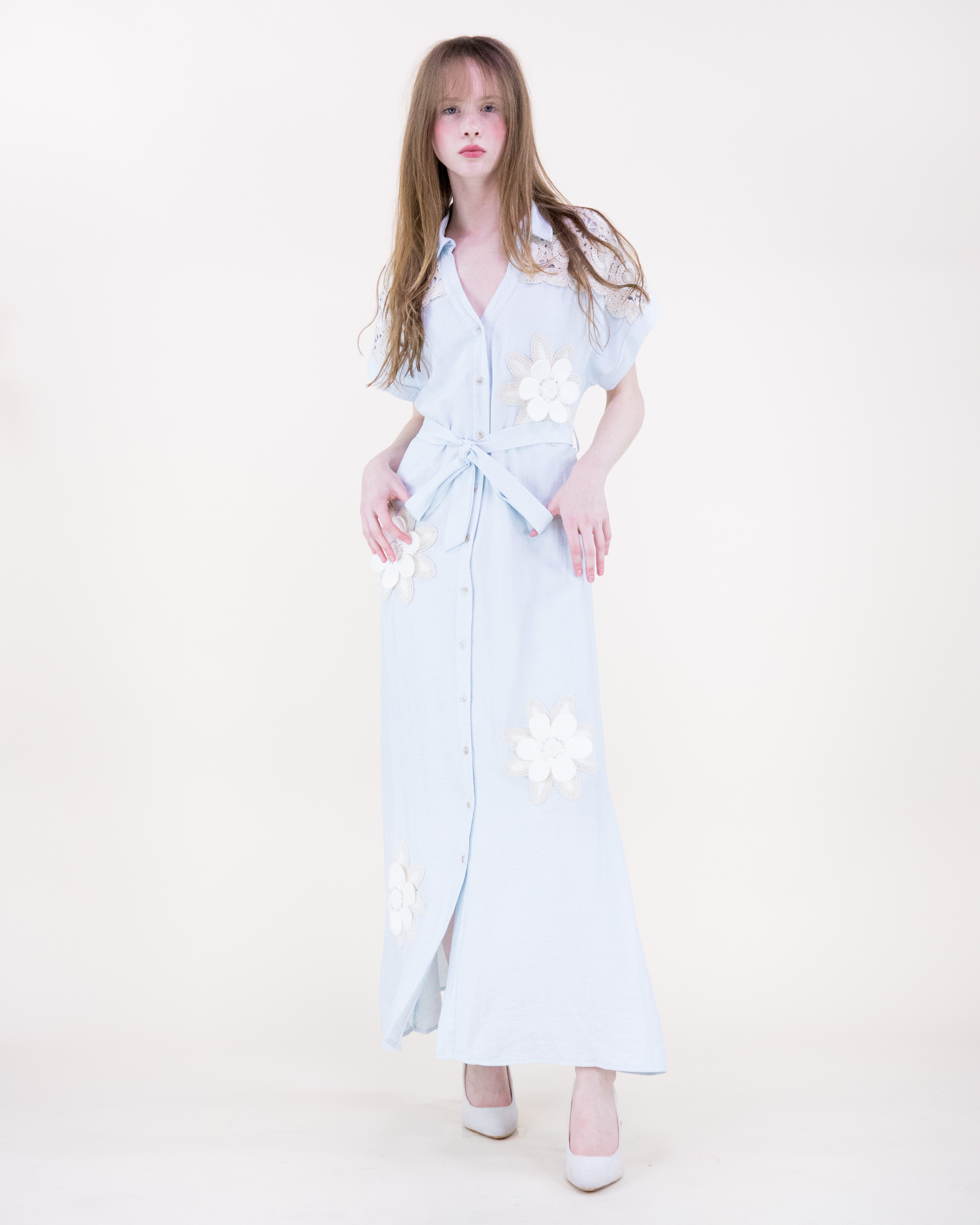 Magnolia Flower Appliqué Belted Maxi Shirt Dress - BLACK (S/M, L/XL) (Pack of 6)