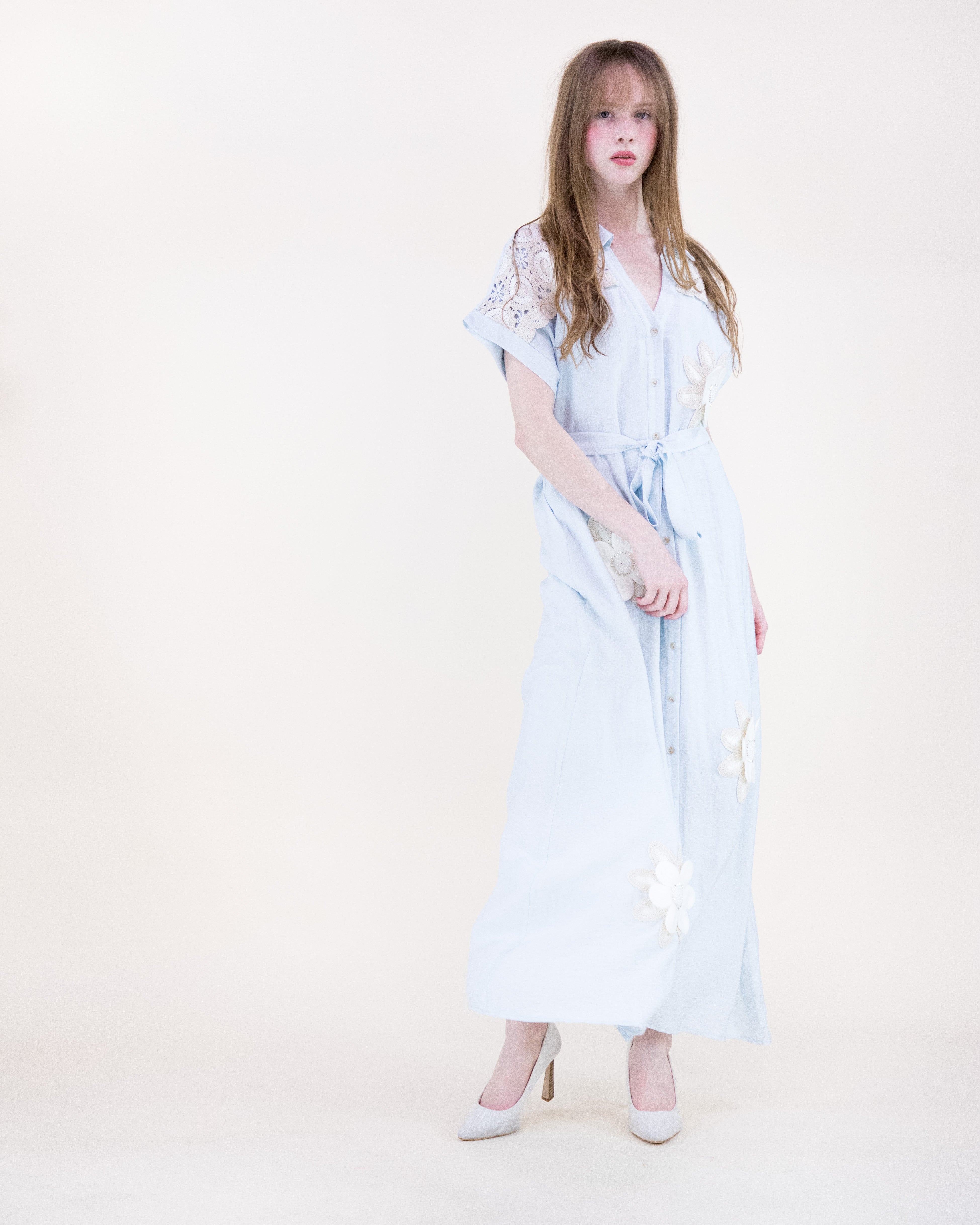 Magnolia Flower Appliqué Belted Maxi Shirt Dress - BLACK (S/M, L/XL) (Pack of 6)