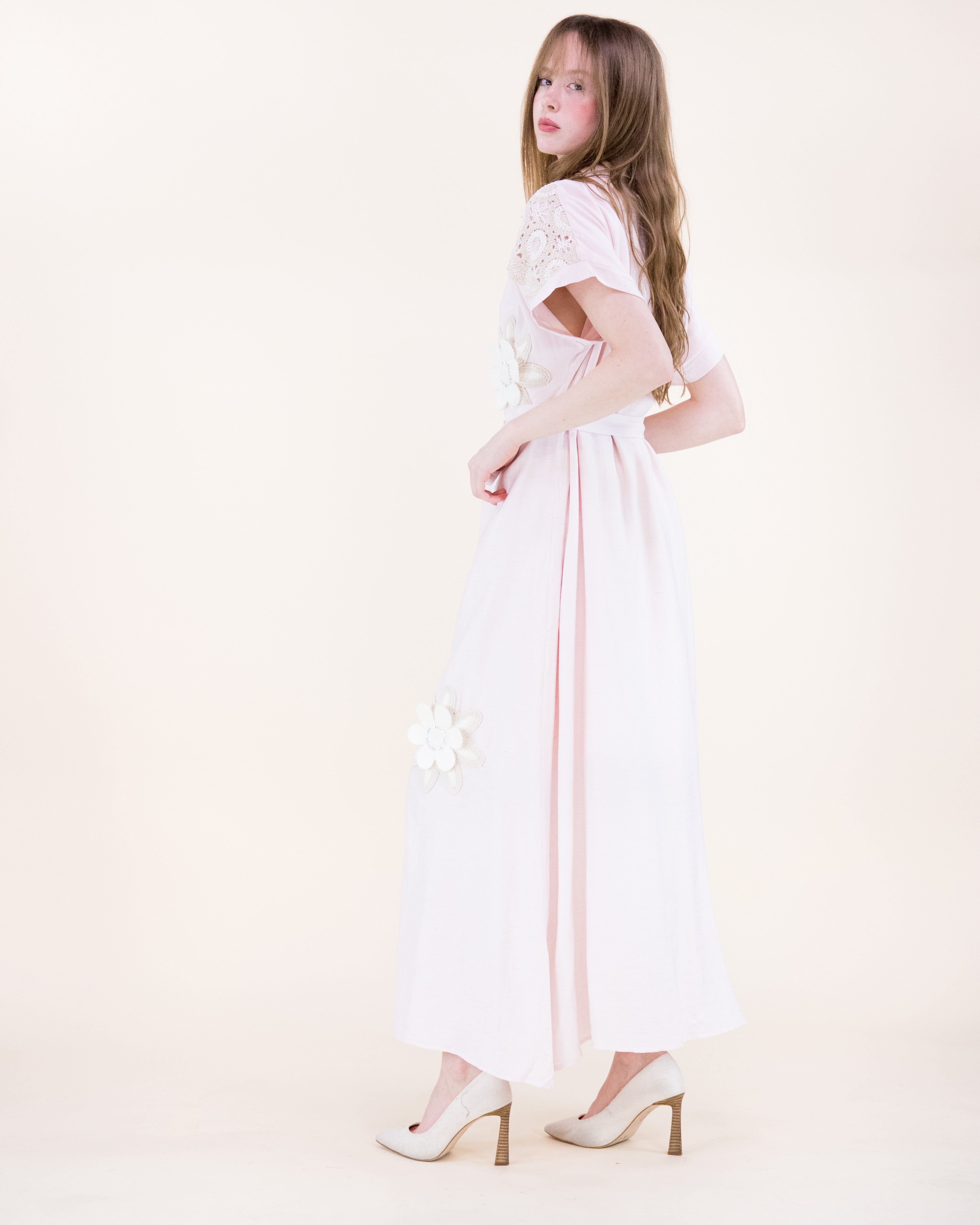 Magnolia Flower Appliqué Belted Maxi Shirt Dress - BLACK (S/M, L/XL) (Pack of 6)