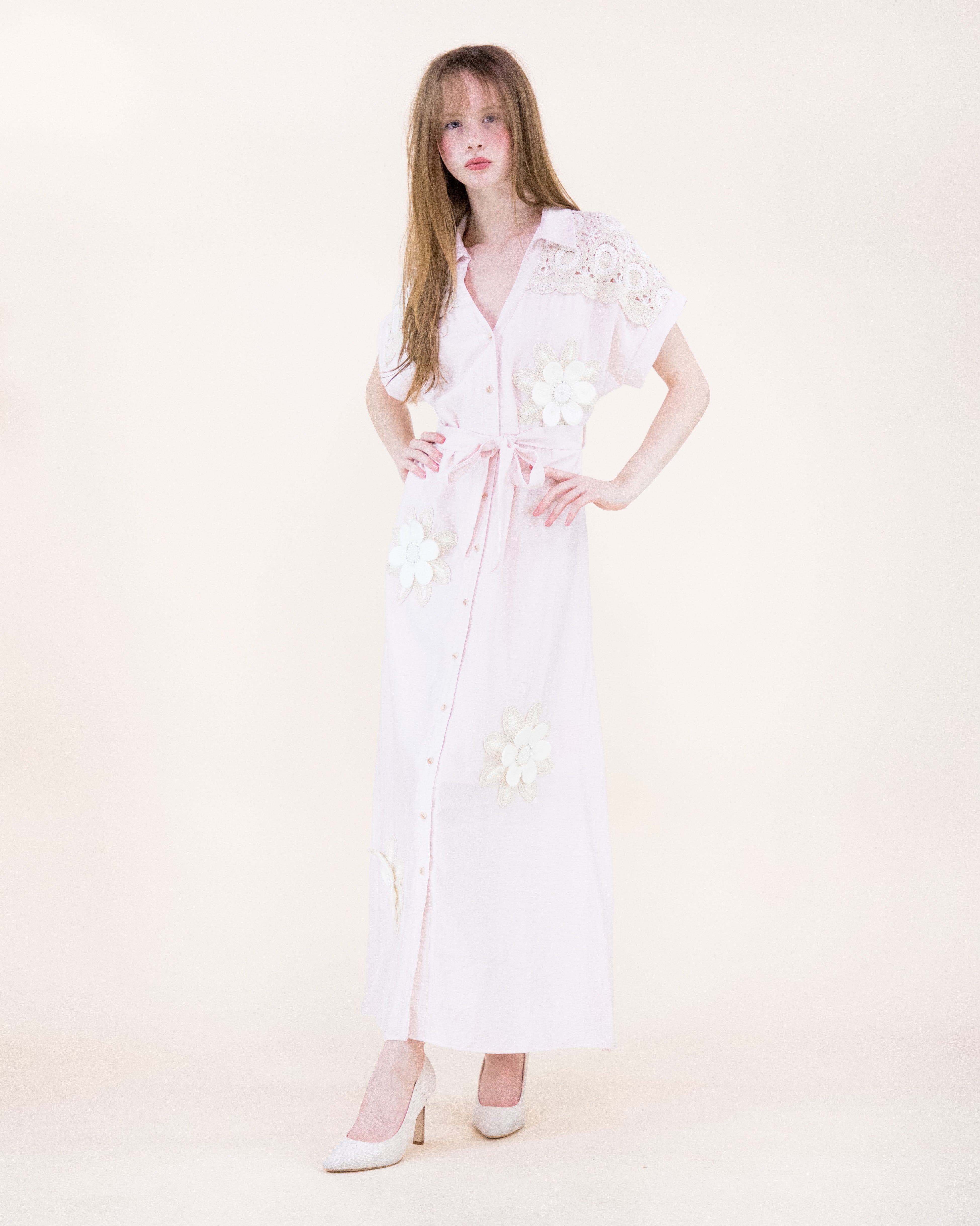 Magnolia Flower Appliqué Belted Maxi Shirt Dress - BLACK (S/M, L/XL) (Pack of 6)