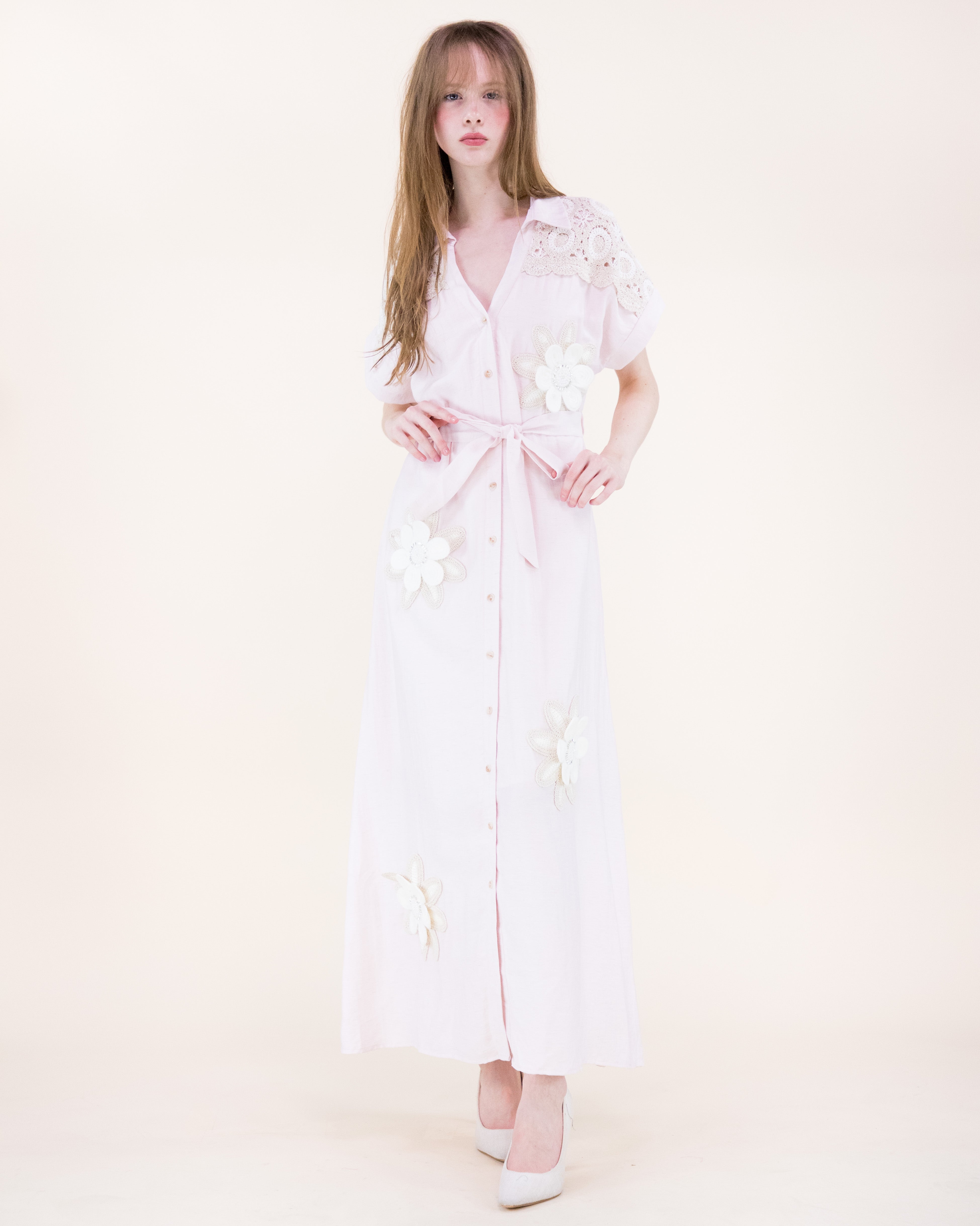 Magnolia Flower Appliqué Belted Maxi Shirt Dress - BLACK (S/M, L/XL) (Pack of 6)