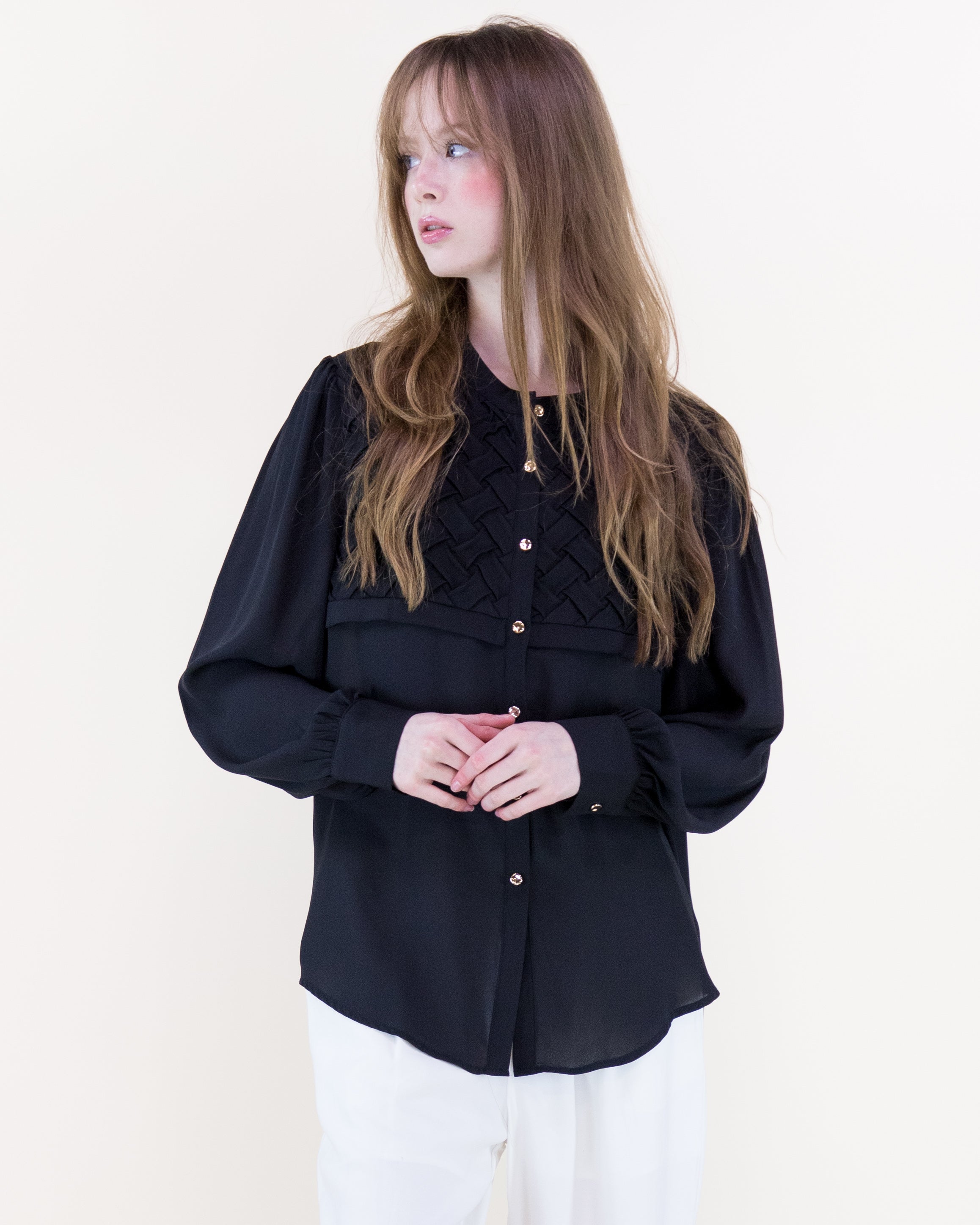 Atelier Lattice Yoke Button Up Blouse - BLACK (S/M, L/XL) (Pack of 6)