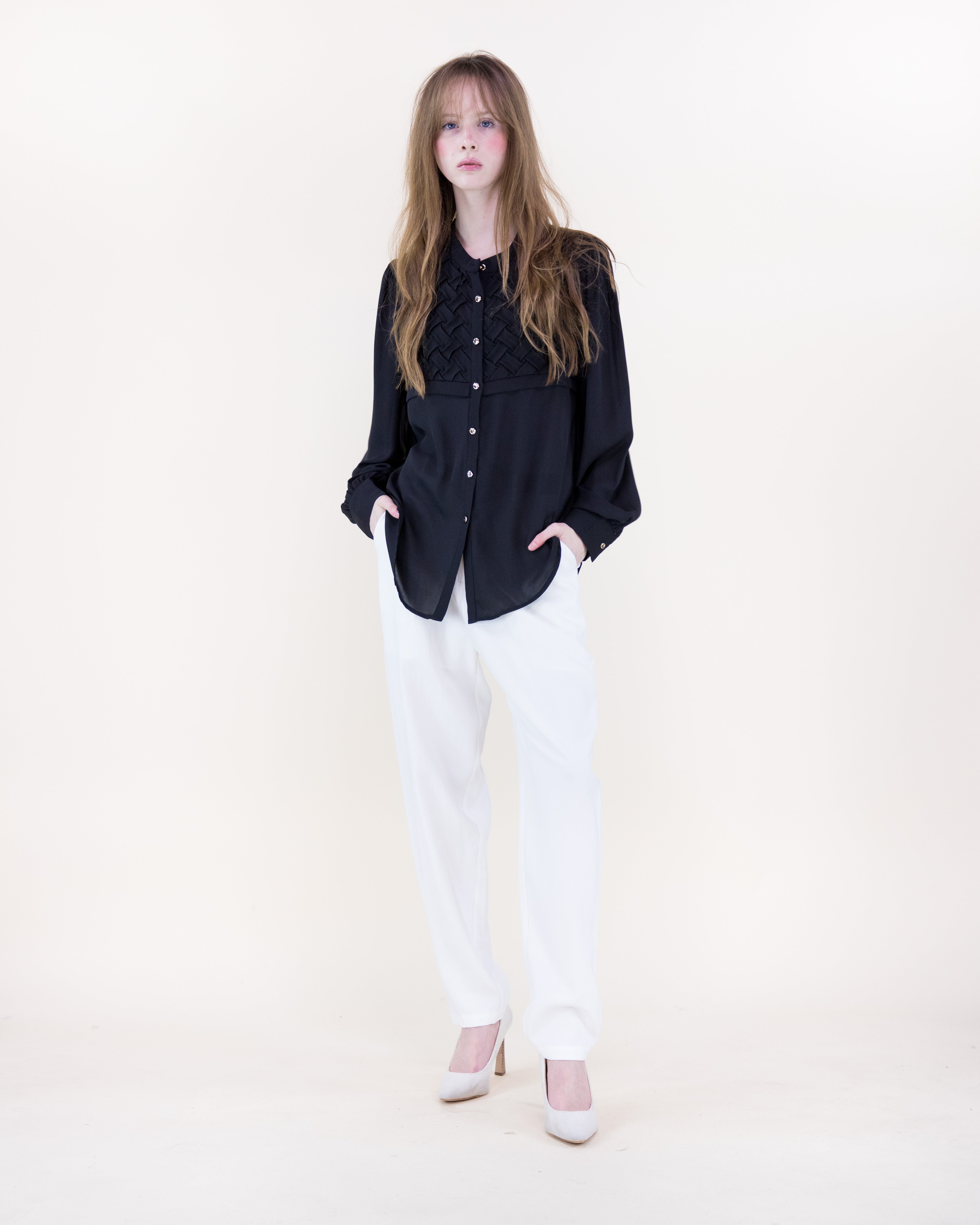 Atelier Lattice Yoke Button Up Blouse - BLACK (S/M, L/XL) (Pack of 6)