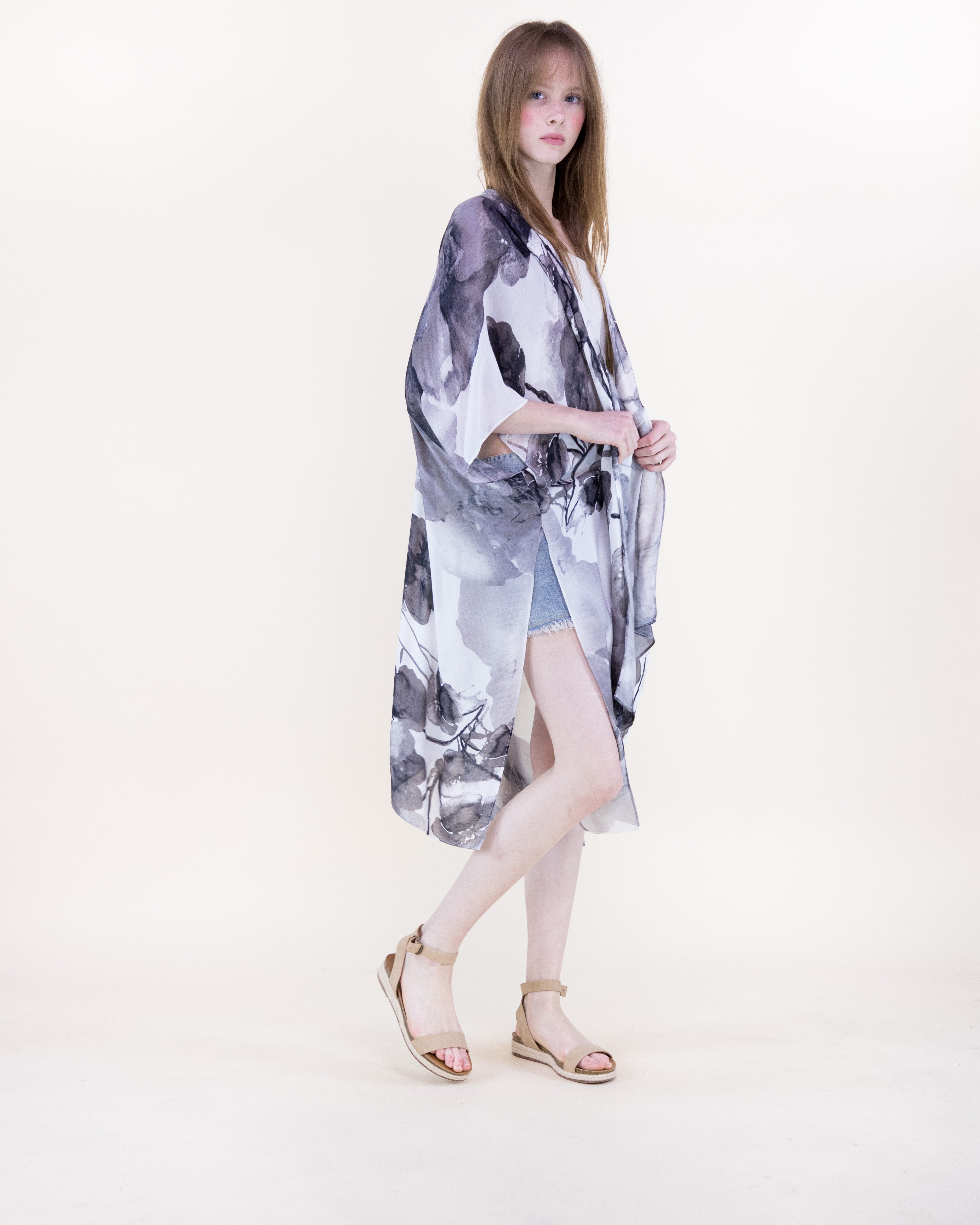 Ink Blossom Print Kimono - BLACK (OS) (Pack of 6)