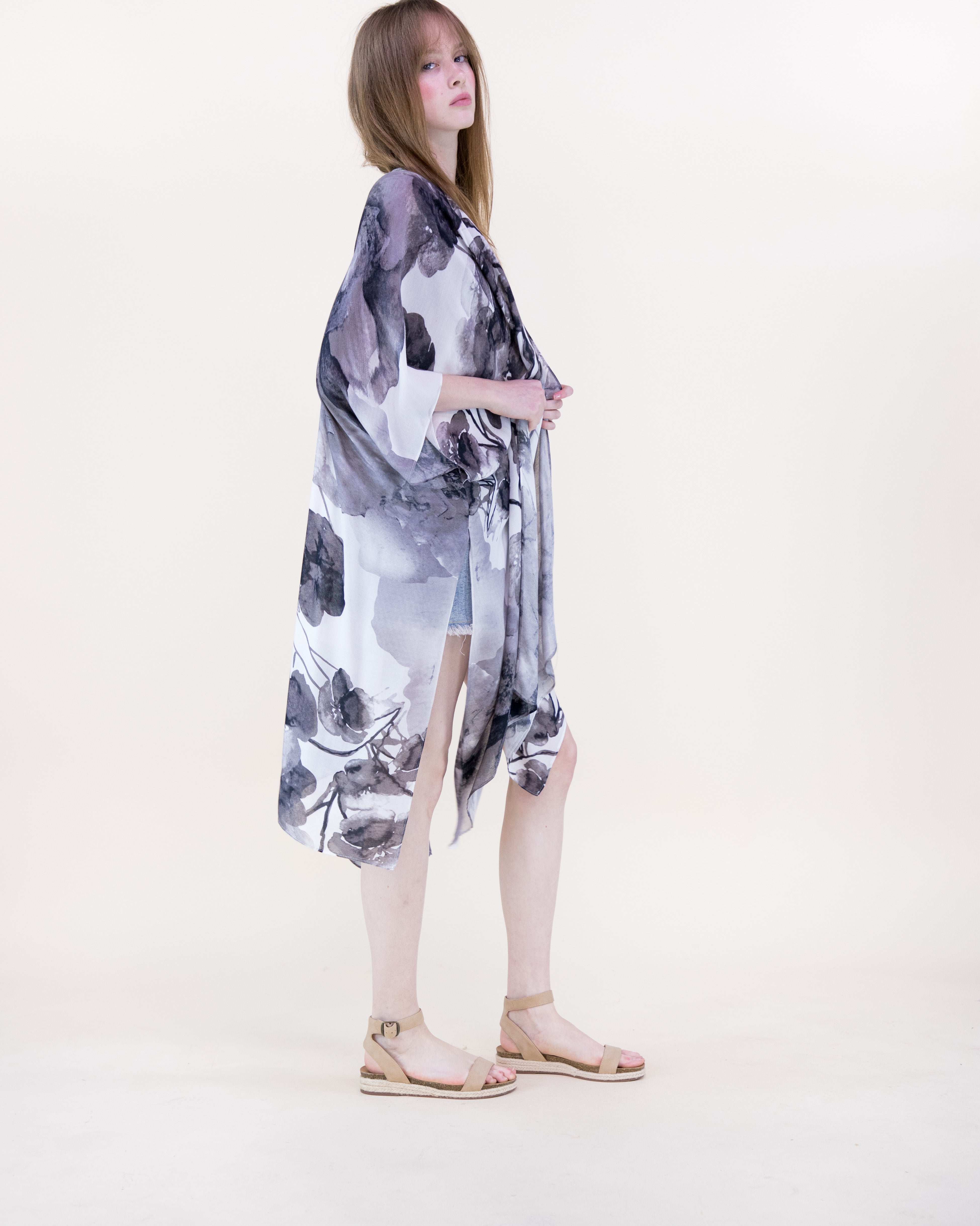Ink Blossom Print Kimono - BLACK (OS) (Pack of 6)