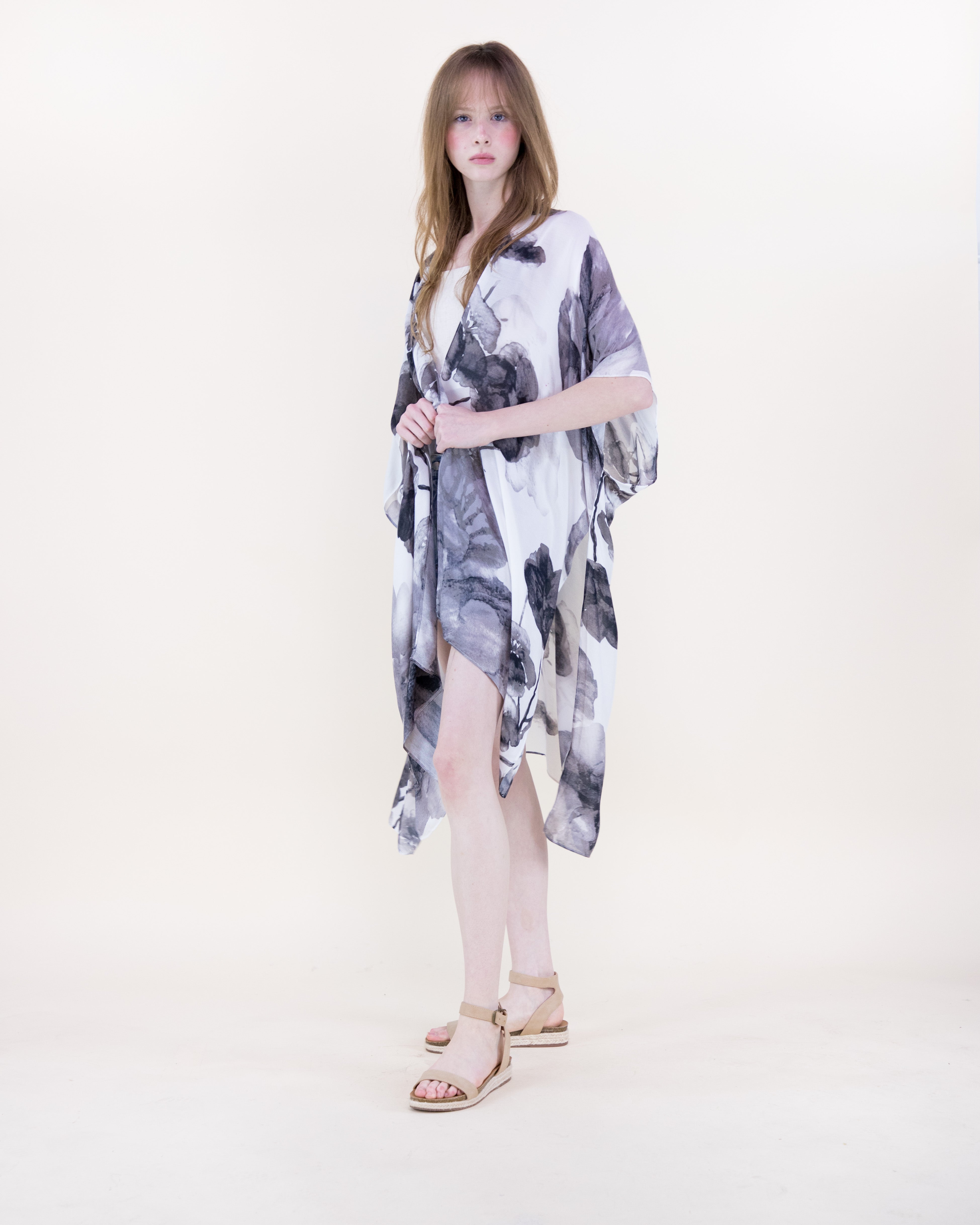 Ink Blossom Print Kimono - BLACK (OS) (Pack of 6)