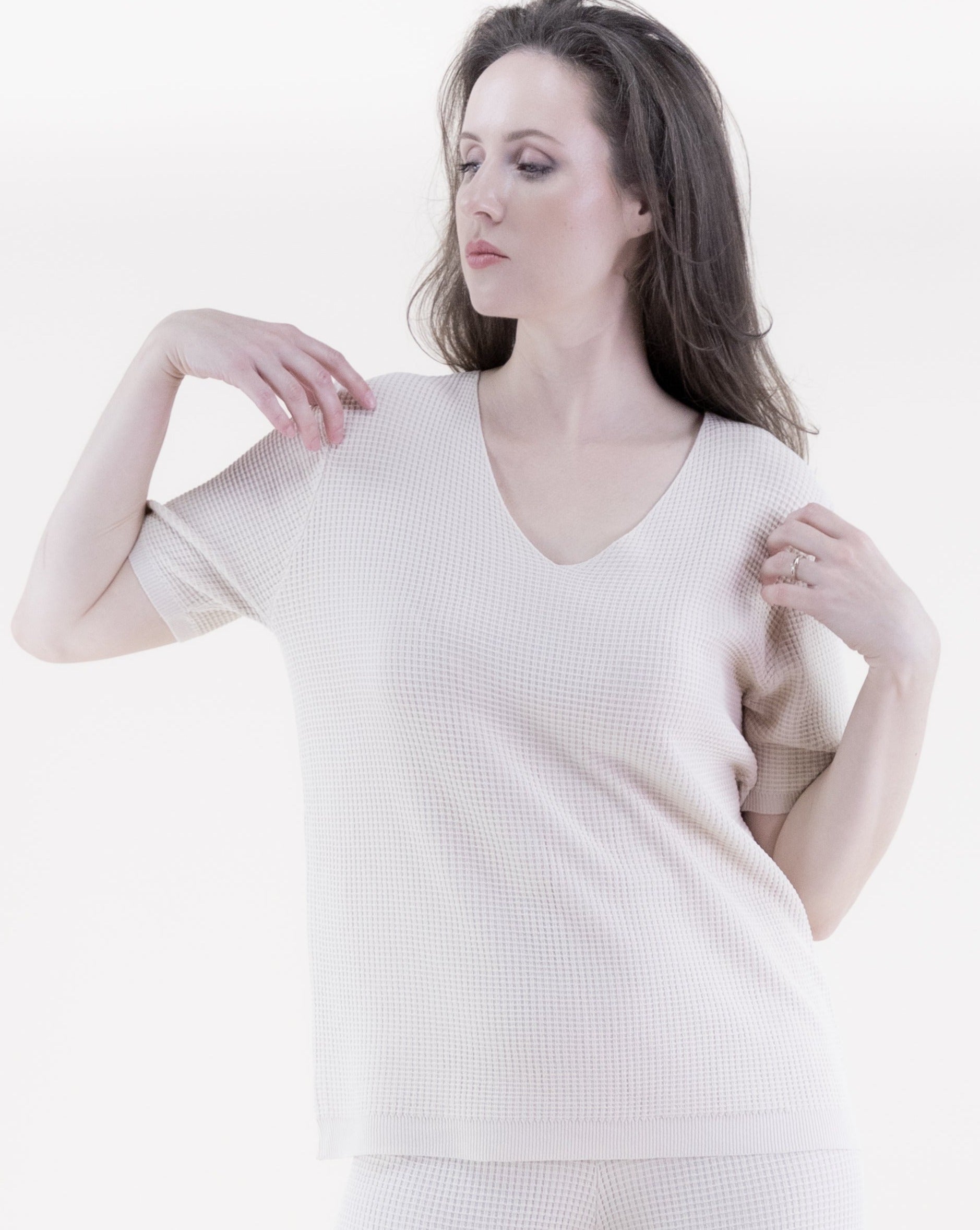 Neutral V-Neck Short Sleeve Waffle Stitch Knit Top - BEIGE (S/M, L/XL) (Pack of 6)