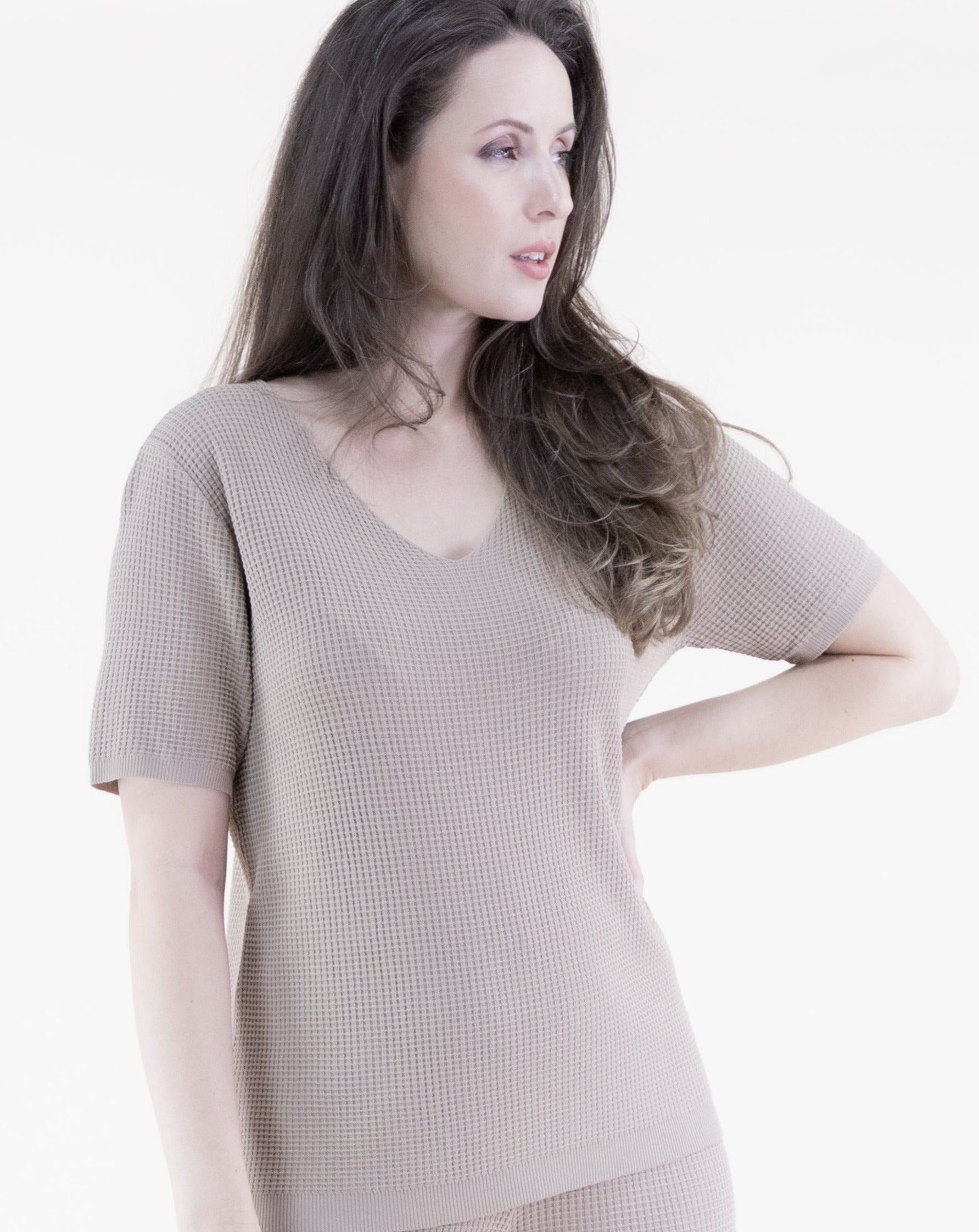 Neutral V-Neck Short Sleeve Waffle Stitch Knit Top - KHAKI (S/M, L/XL) (Pack of 6)