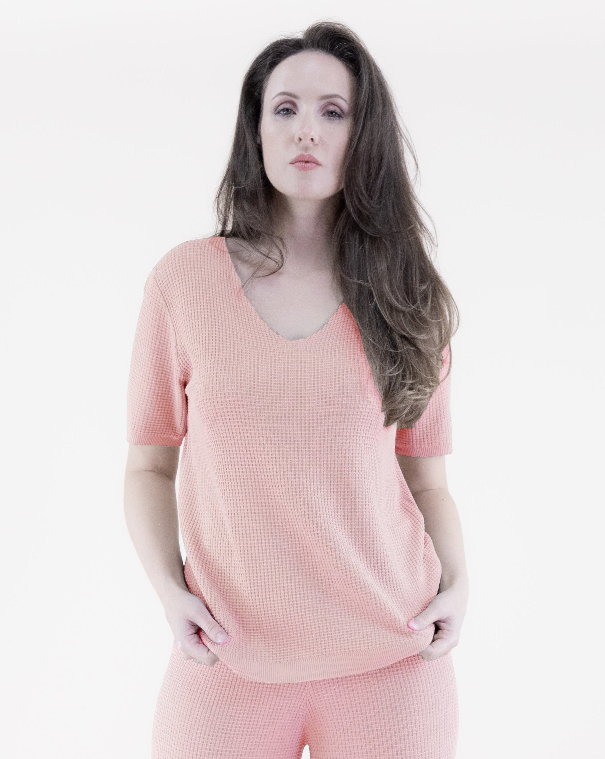 Neutral V-Neck Short Sleeve Waffle Stitch Knit Top - PEACH (S/M, L/XL) (Pack of 6)