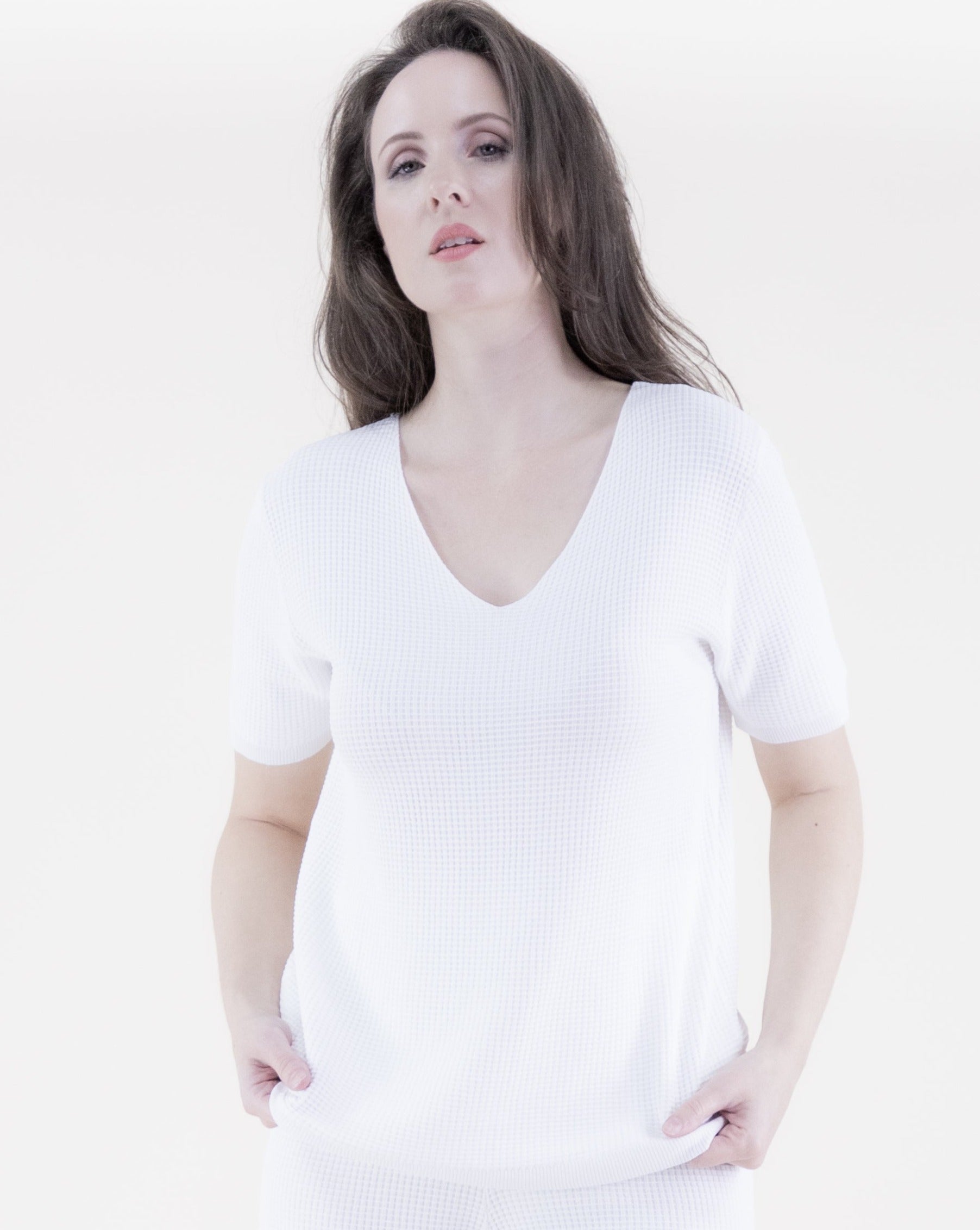 Neutral V-Neck Short Sleeve Waffle Stitch Knit Top - WHITE (S/M, L/XL) (Pack of 6)