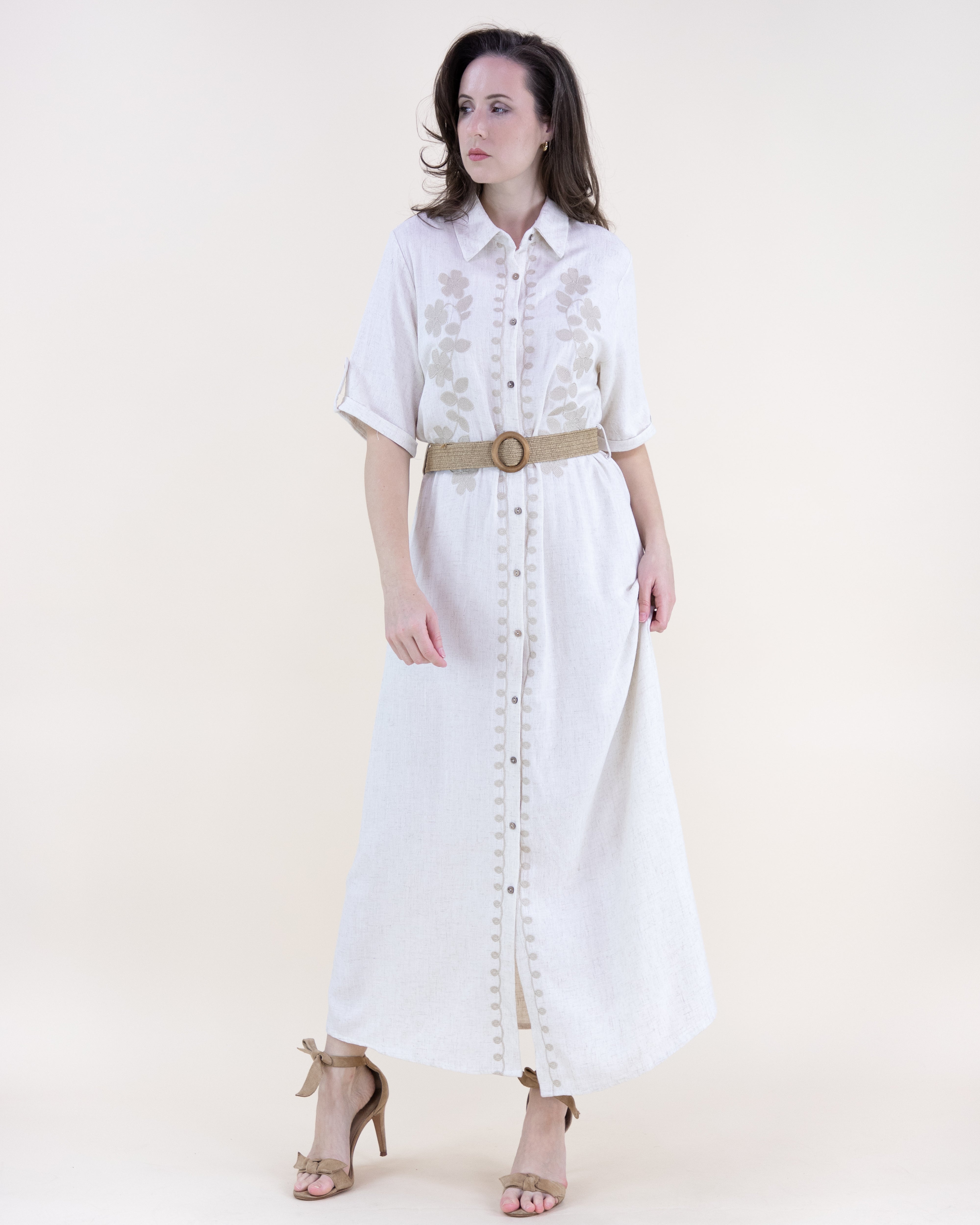 Linen Floral Embroidered Belted Shirt Dress - BEIGE (S/M, L/XL) (Pack of 6)