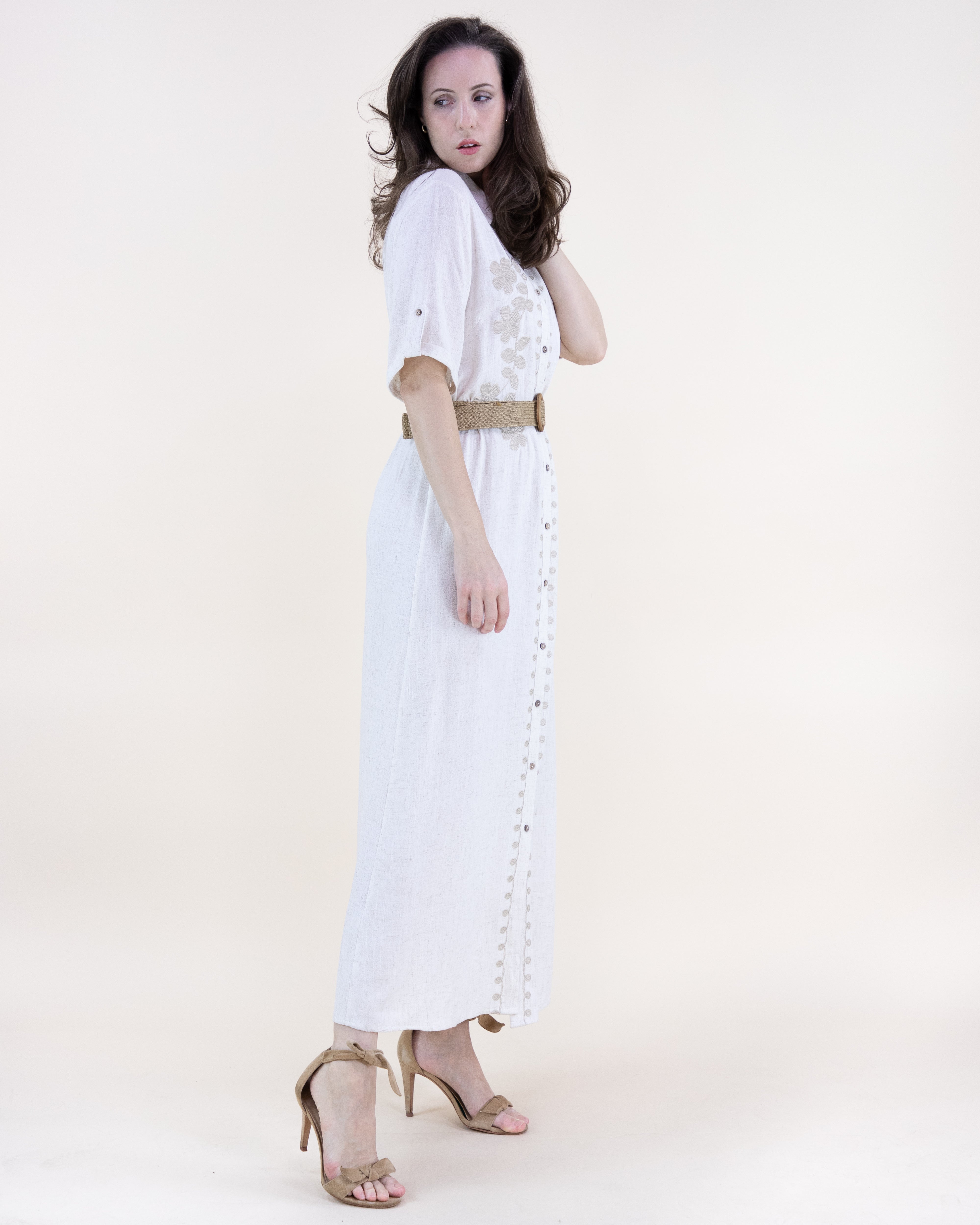 Linen Floral Embroidered Belted Shirt Dress - BEIGE (S/M, L/XL) (Pack of 6)