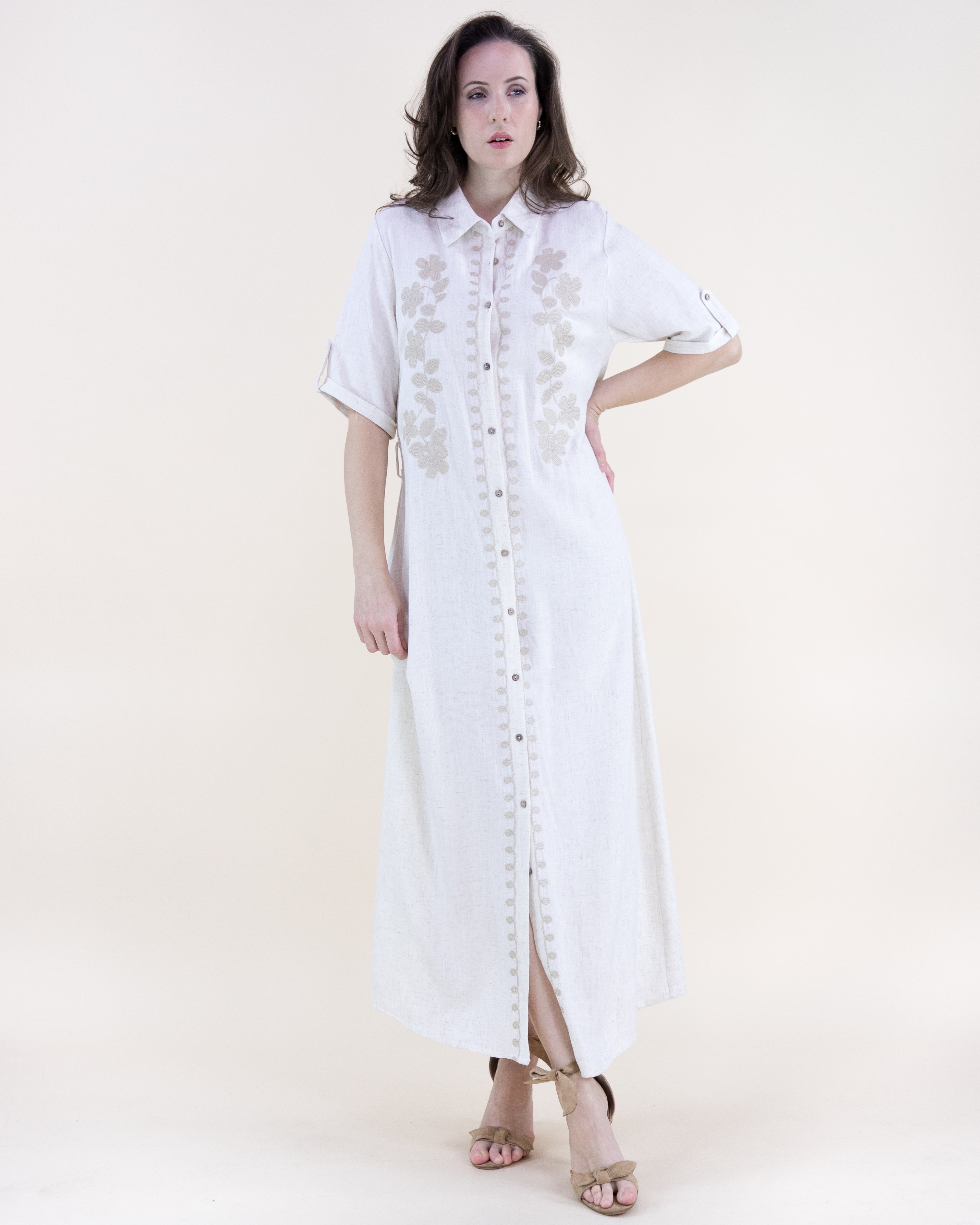 Linen Floral Embroidered Belted Shirt Dress - BEIGE (S/M, L/XL) (Pack of 6)