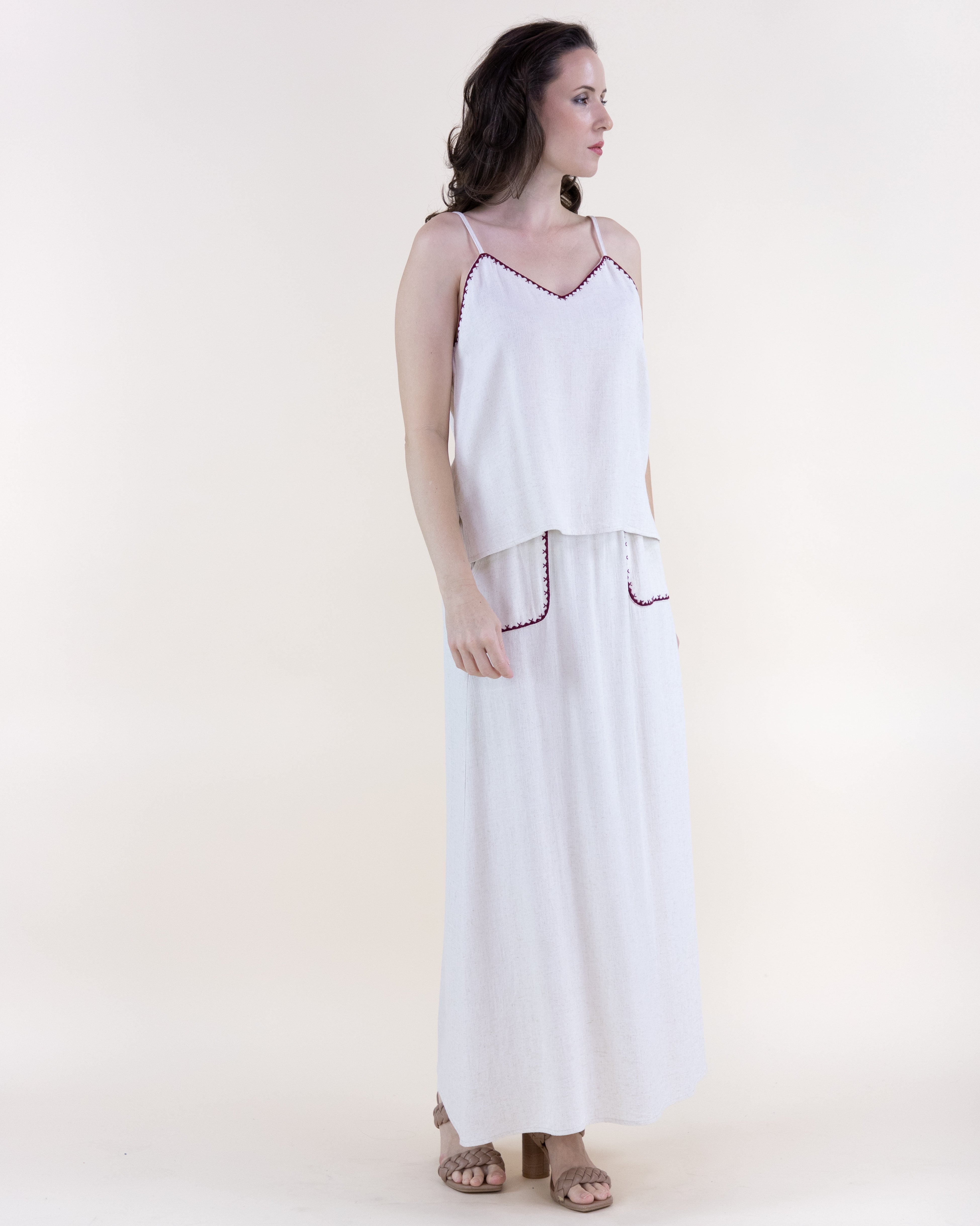 Linen Embroidered Edge Stitch V-Neck Camisole  - BEIGE (S/M, L/XL) (Pack of 6)