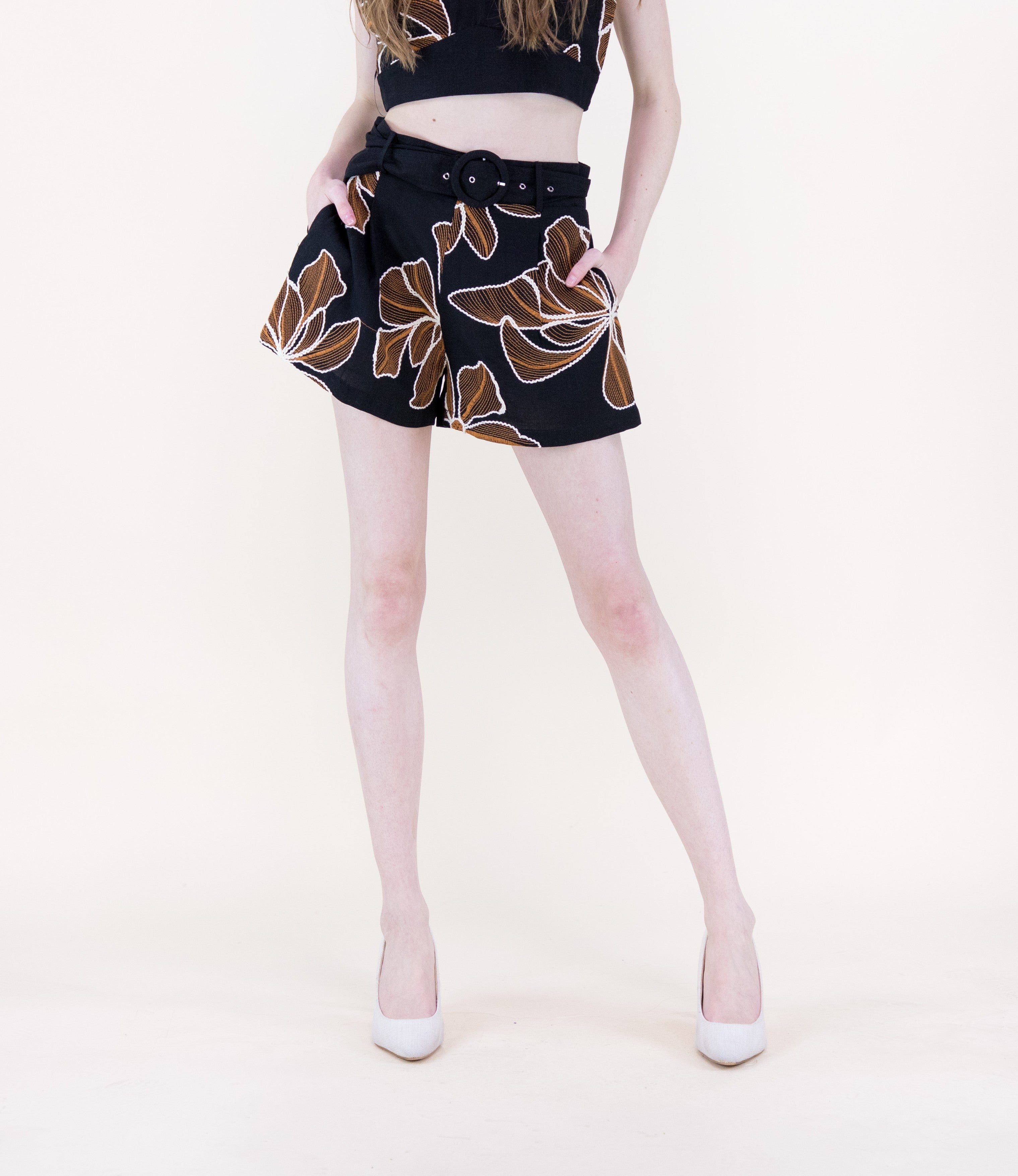 Embroidered Petals Belted High Waisted Shorts - CAMEL (S/M, L/XL) (Pack of 6)