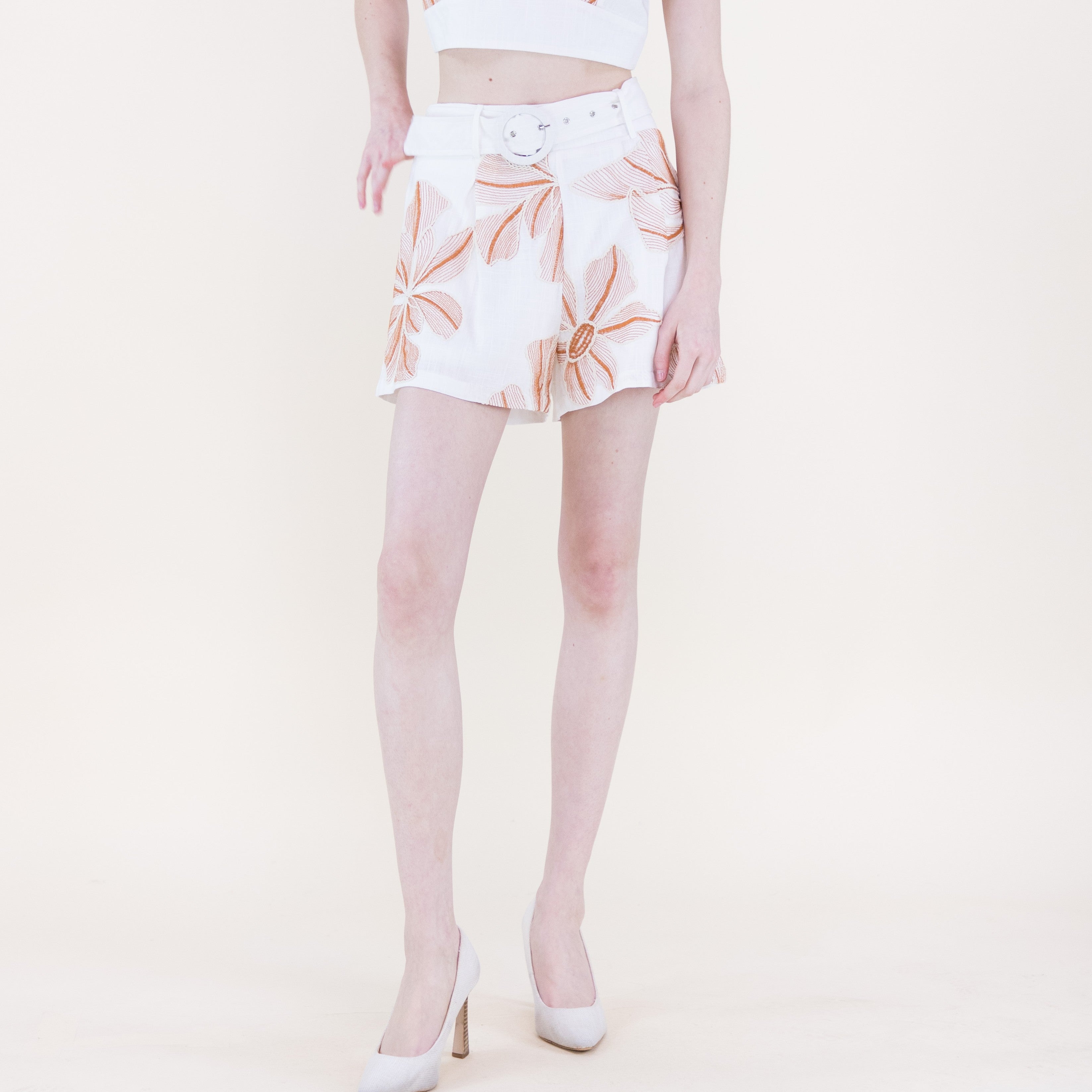 Embroidered Petals Belted High Waisted Shorts - CAMEL (S/M, L/XL) (Pack of 6)