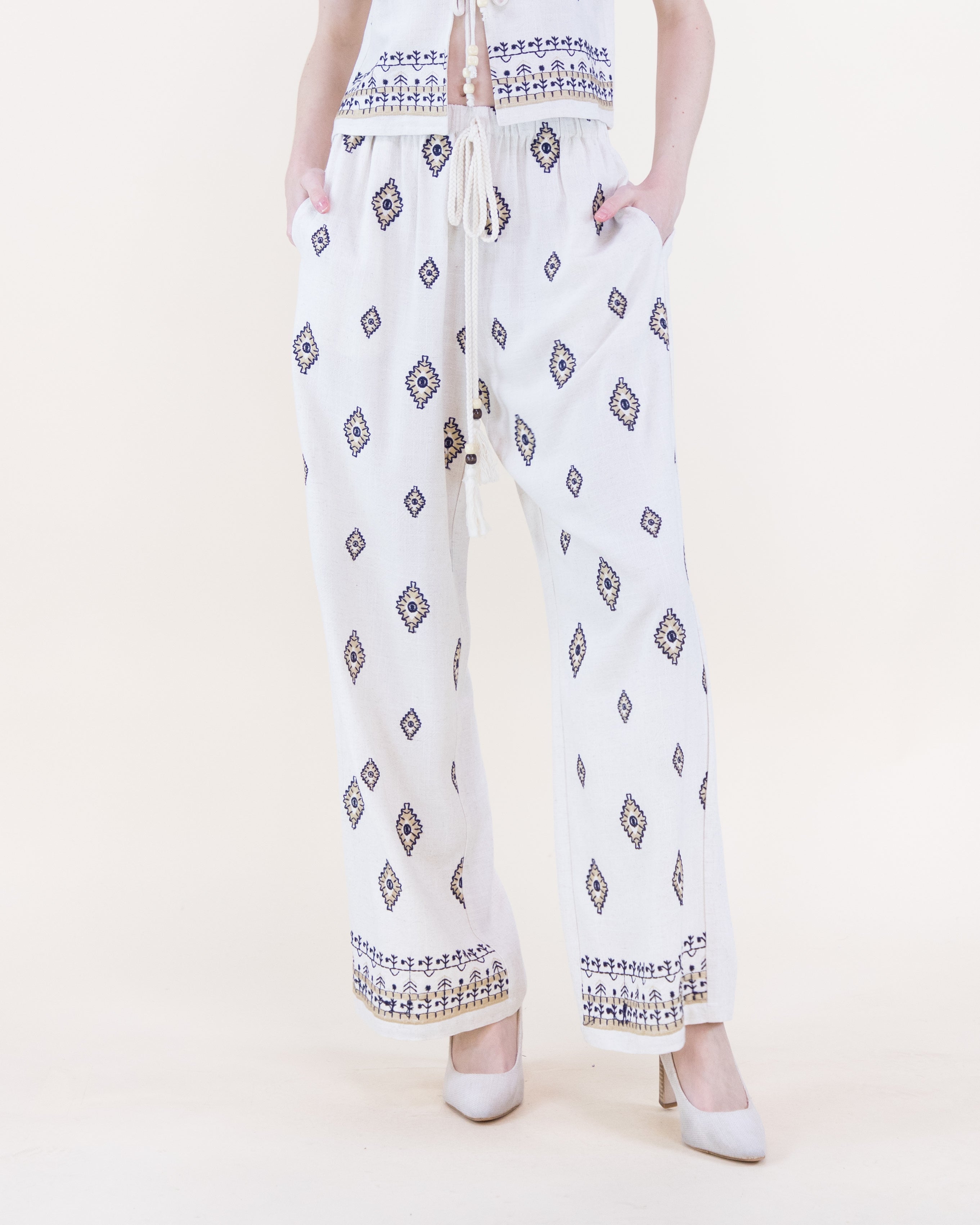 Diamante Embroidered Wide Leg Trousers - BEIGE (S/M, L/XL) (Pack of 6)