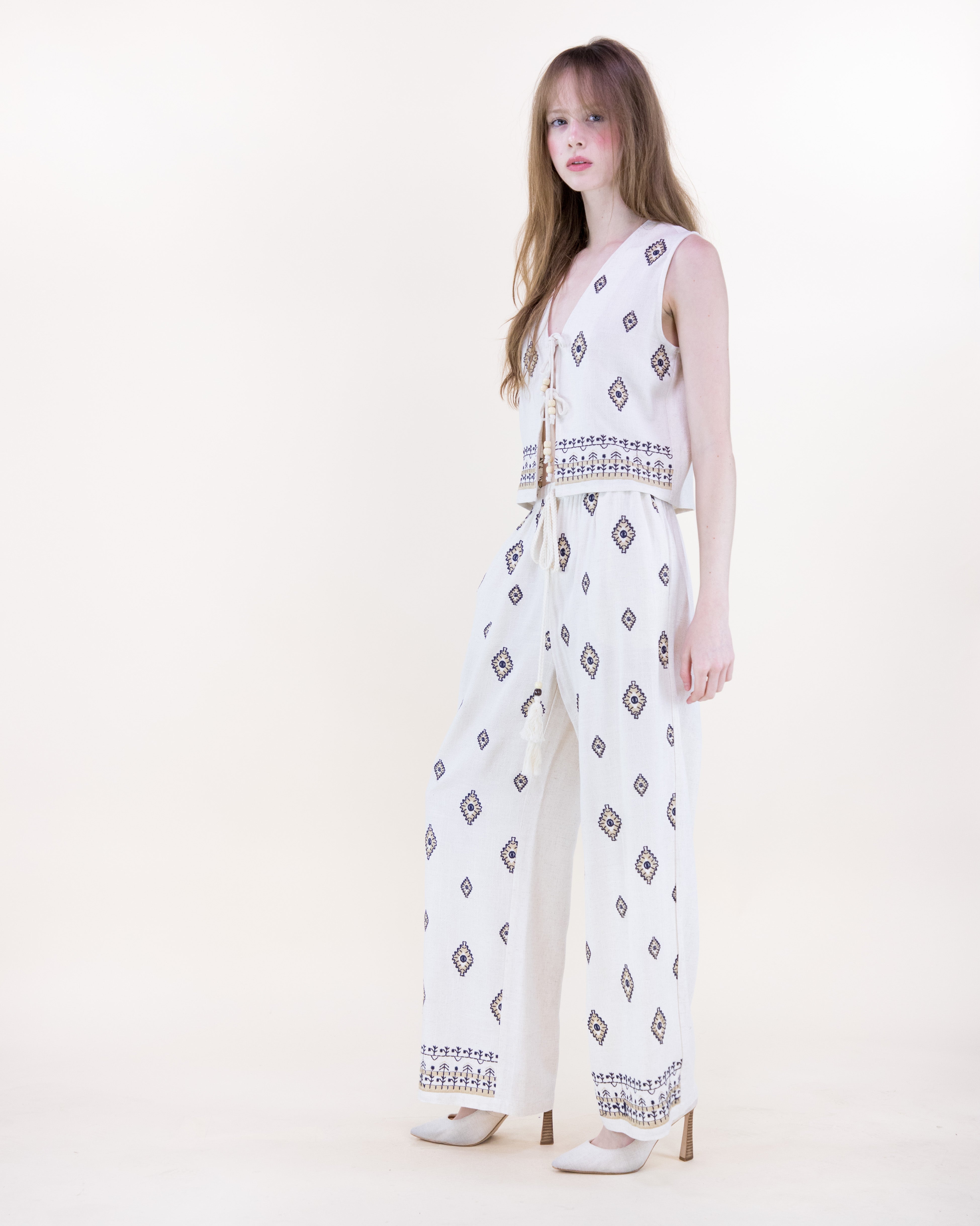 Diamante Embroidered Wide Leg Trousers - BEIGE (S/M, L/XL) (Pack of 6)