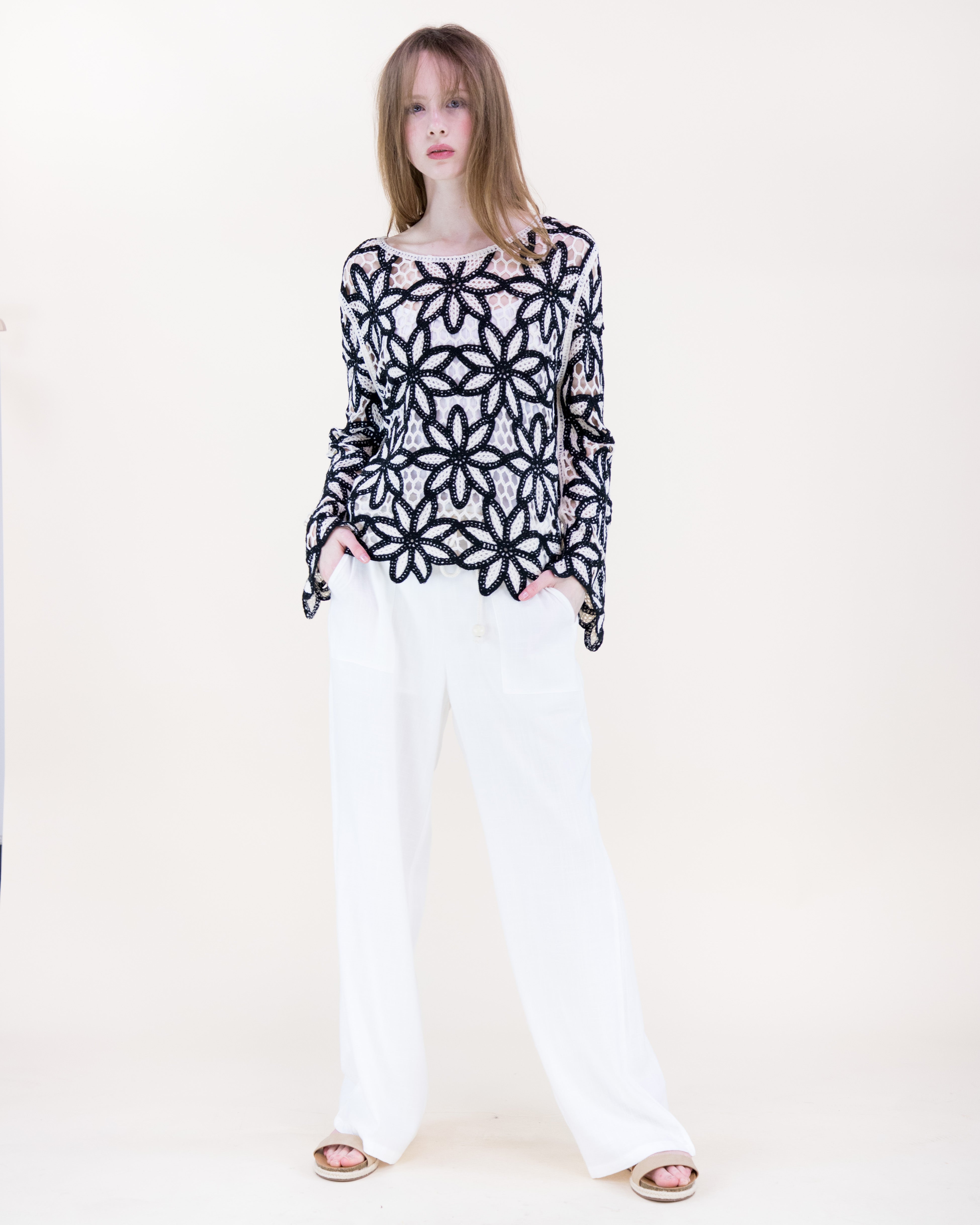 Guipure Flower Lace Long Sleeve Crochet Top - BLACK (S/M, L/XL) (Pack of 6)