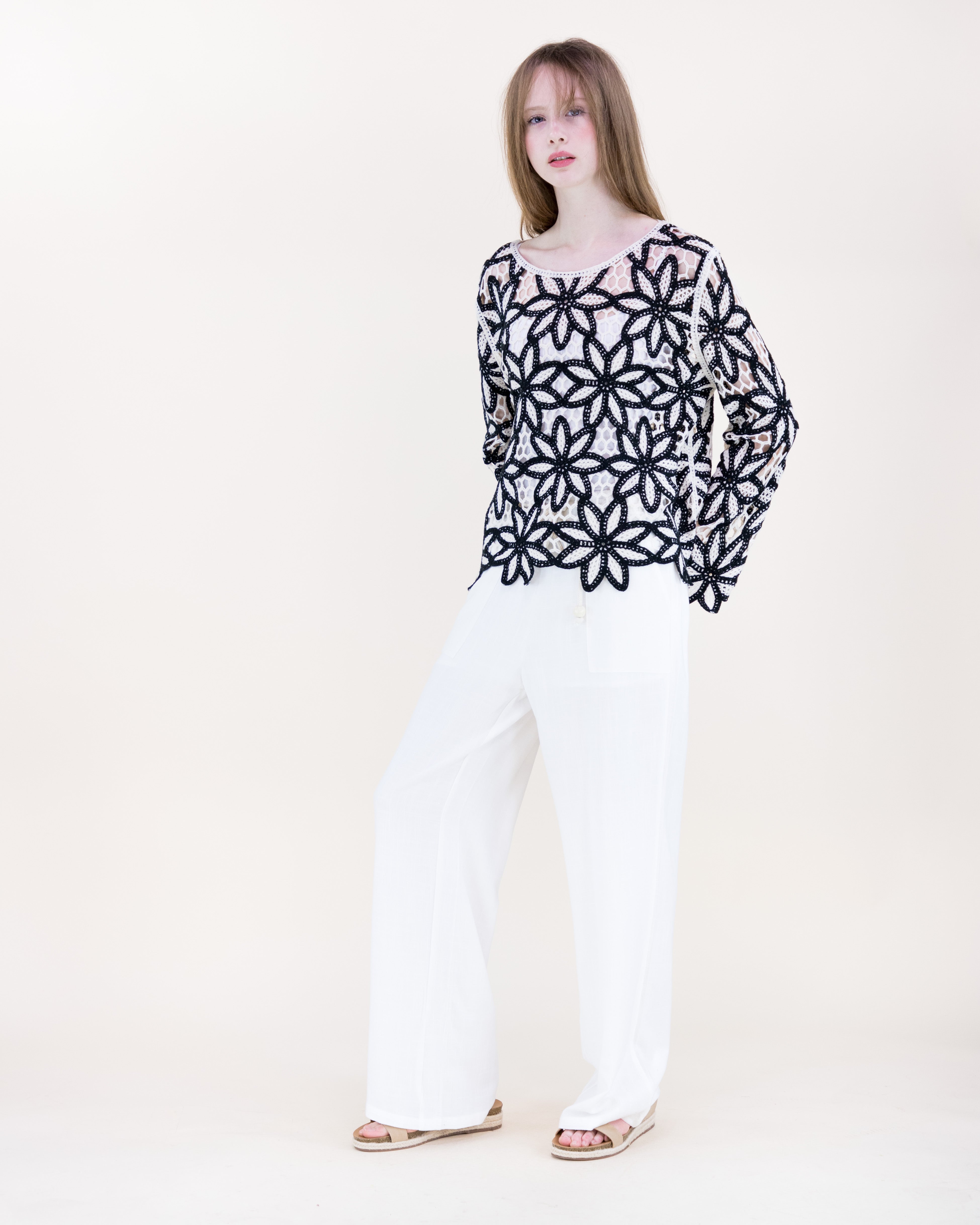 Guipure Flower Lace Long Sleeve Crochet Top - BLACK (S/M, L/XL) (Pack of 6)