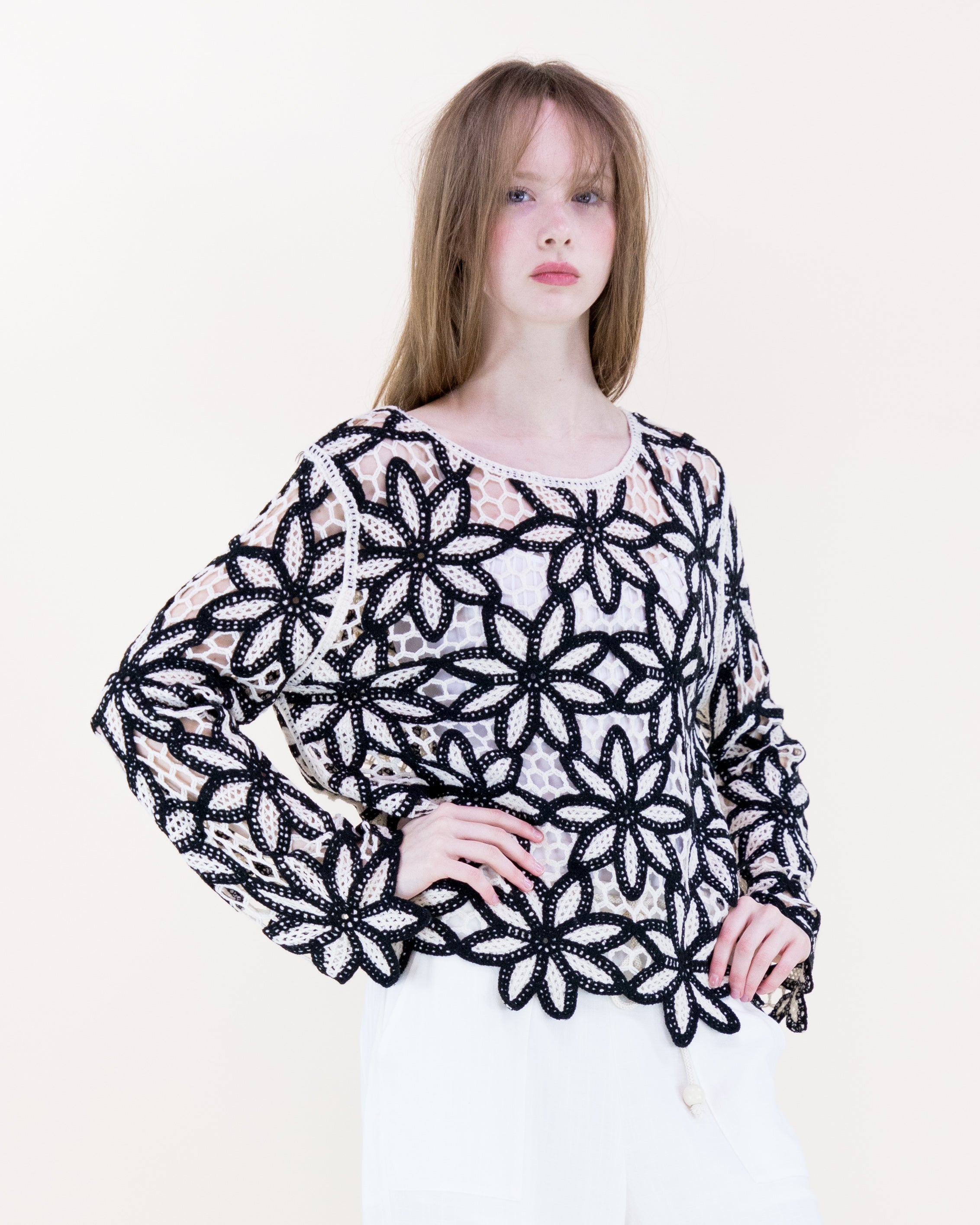 Guipure Flower Lace Long Sleeve Crochet Top - BLACK (S/M, L/XL) (Pack of 6)