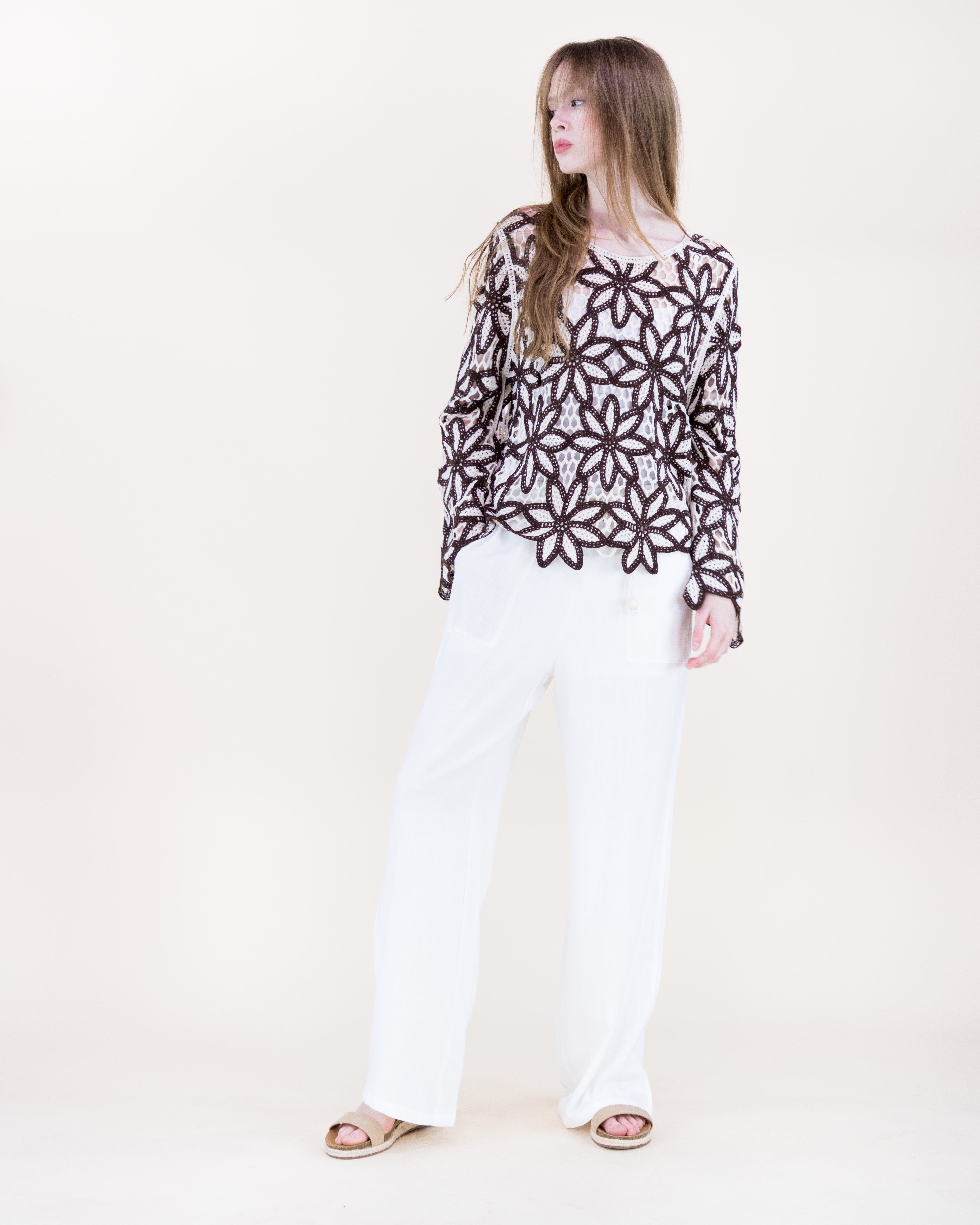 Guipure Flower Lace Long Sleeve Crochet Top - BLACK (S/M, L/XL) (Pack of 6)