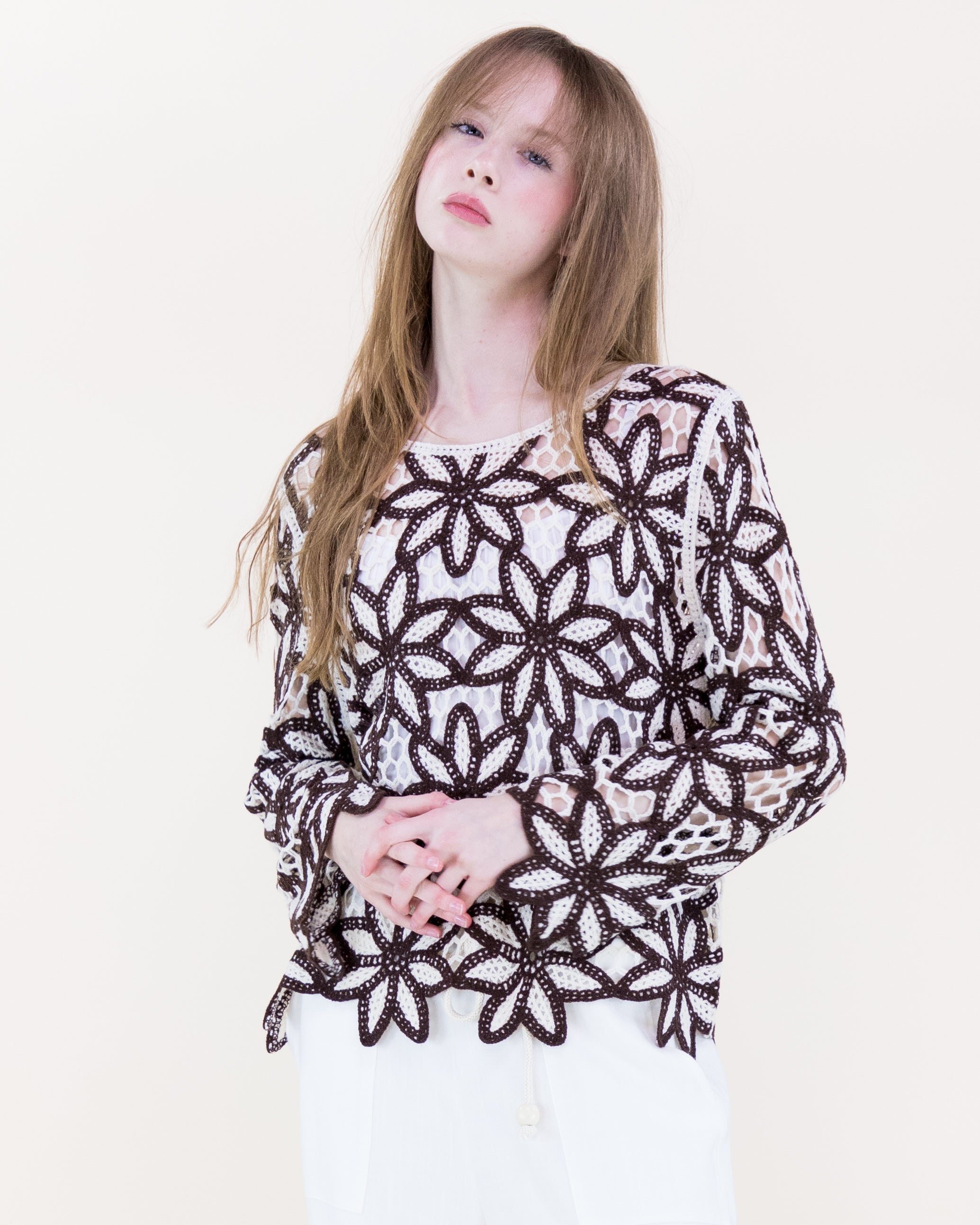 Guipure Flower Lace Long Sleeve Crochet Top - BLACK (S/M, L/XL) (Pack of 6)