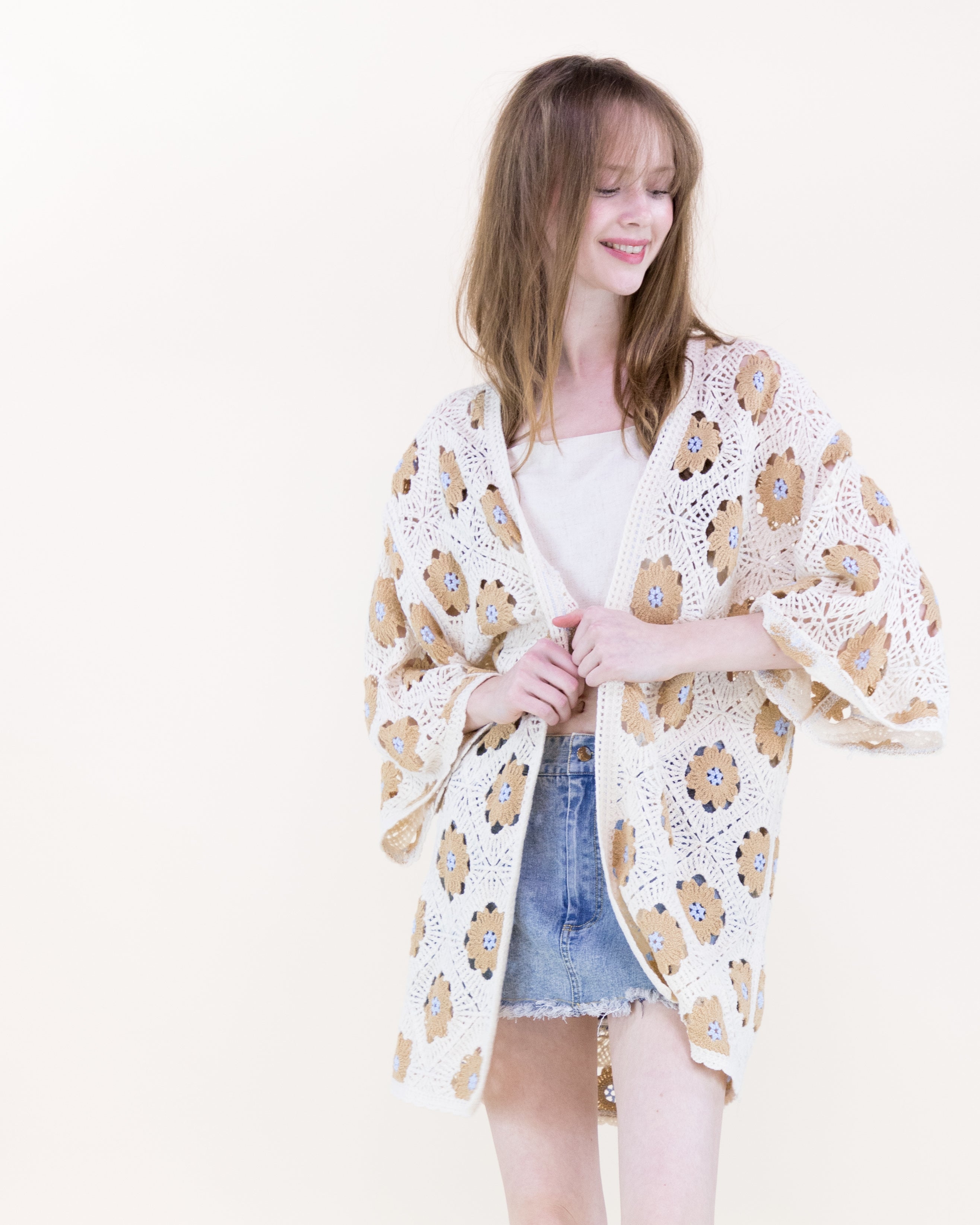 Petunia Half Sleeve Short Crochet Kimono Cardigan - CAMEL (OS) (Pack of 6)