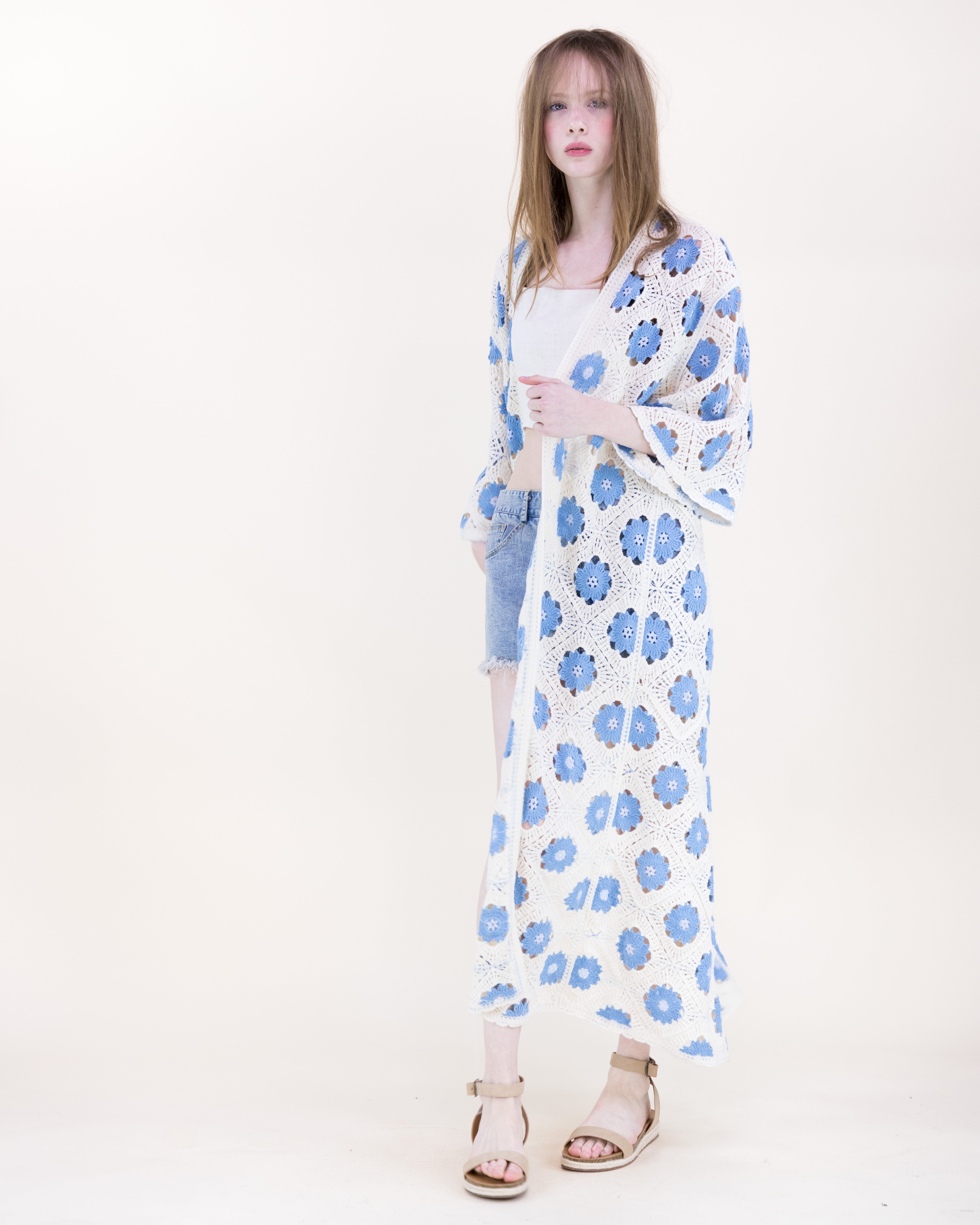 Petunia Half Sleeve Maxi Crochet Kimono Cardigan - BROWN (OS) (Pack of 6)