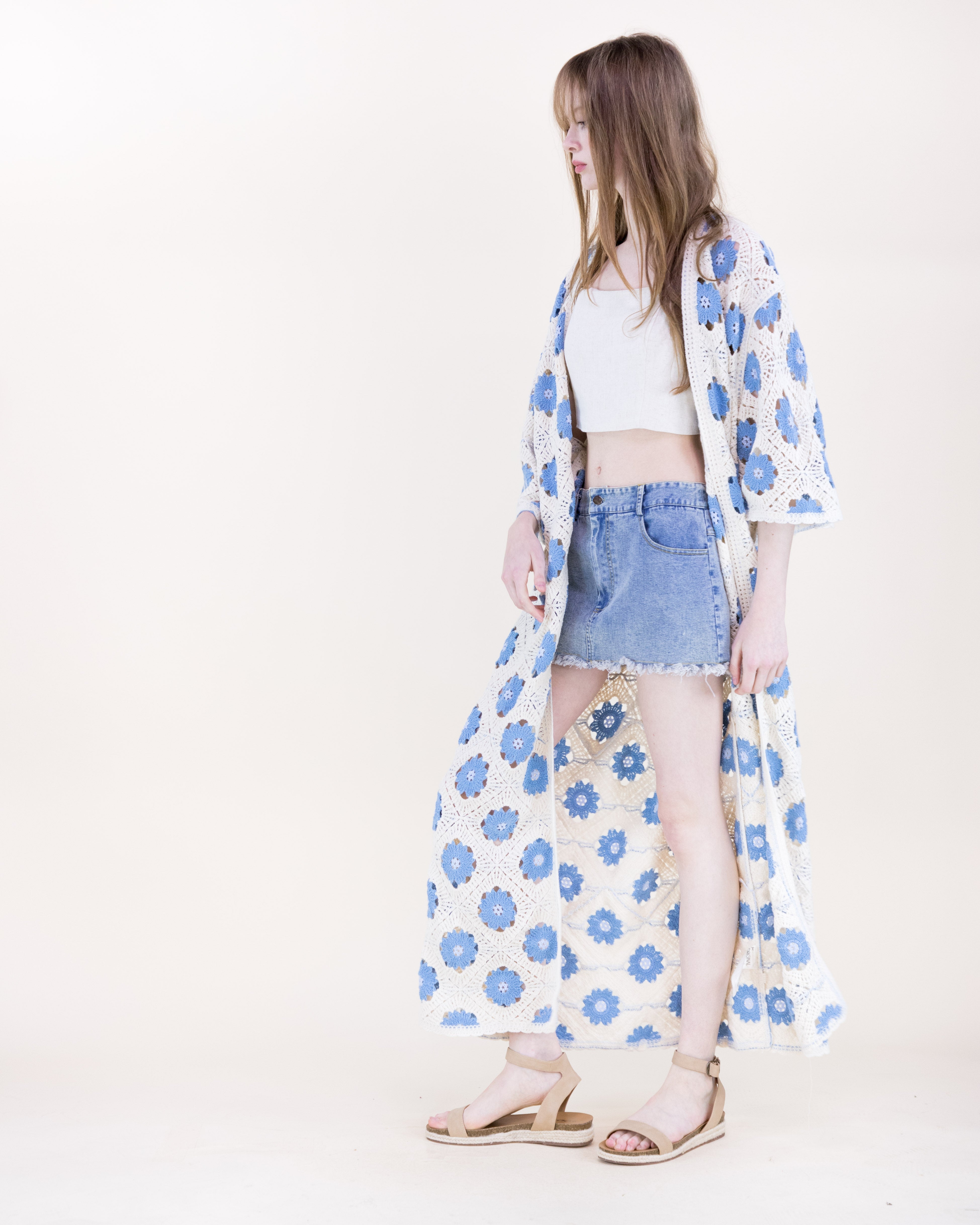 Petunia Half Sleeve Maxi Crochet Kimono Cardigan - BROWN (OS) (Pack of 6)