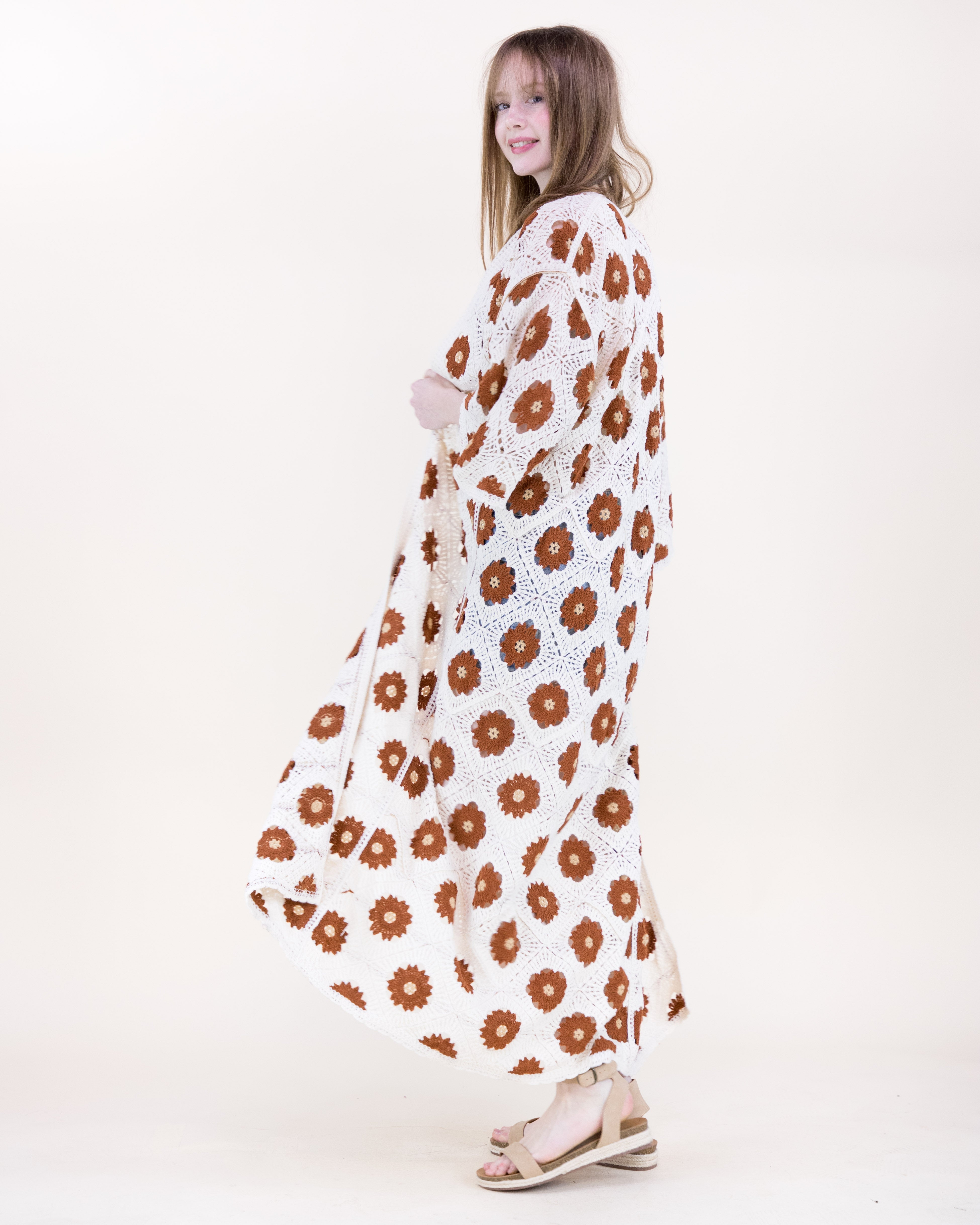 Petunia Half Sleeve Maxi Crochet Kimono Cardigan - BROWN (OS) (Pack of 6)