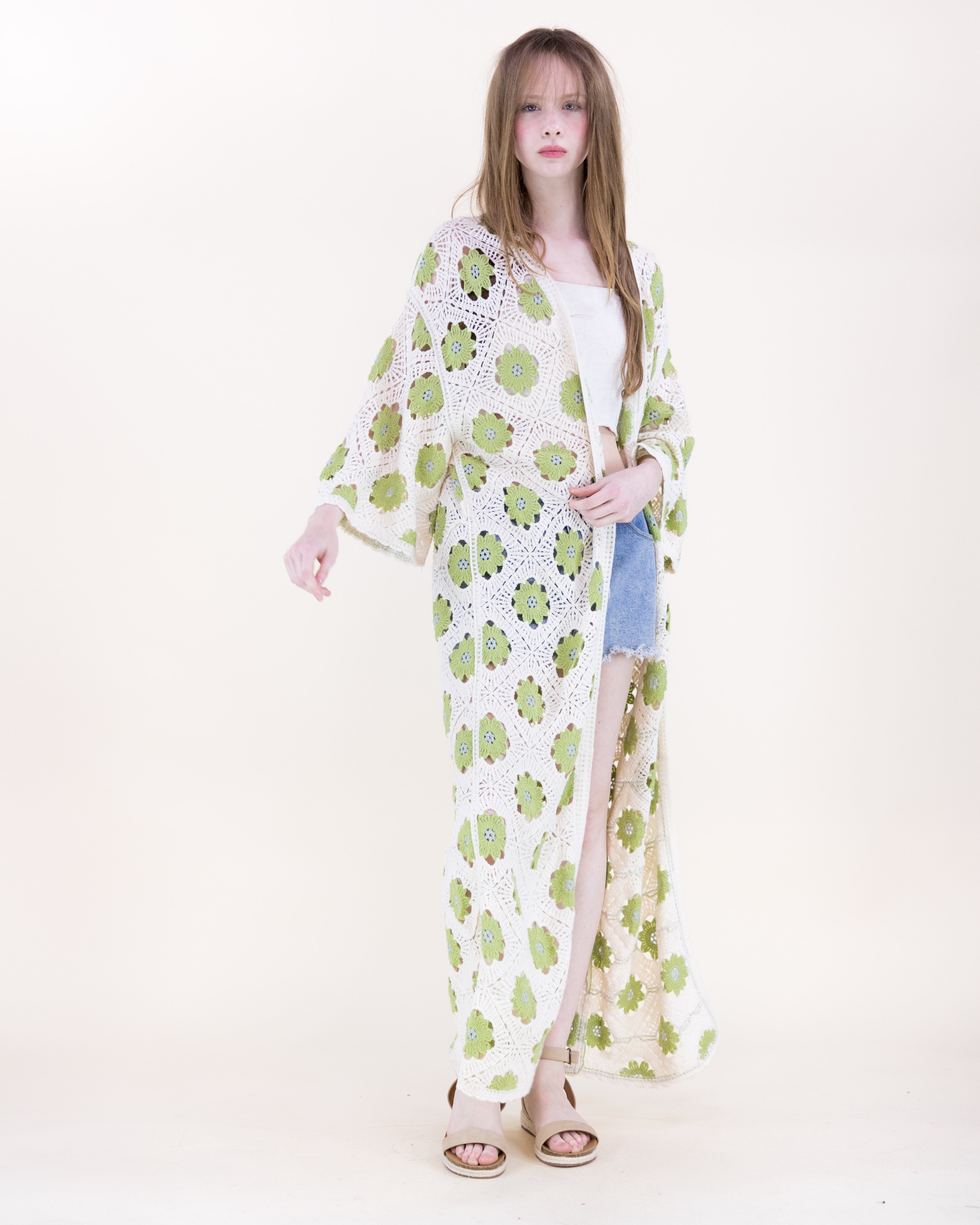 Petunia Half Sleeve Maxi Crochet Kimono Cardigan - BROWN (OS) (Pack of 6)