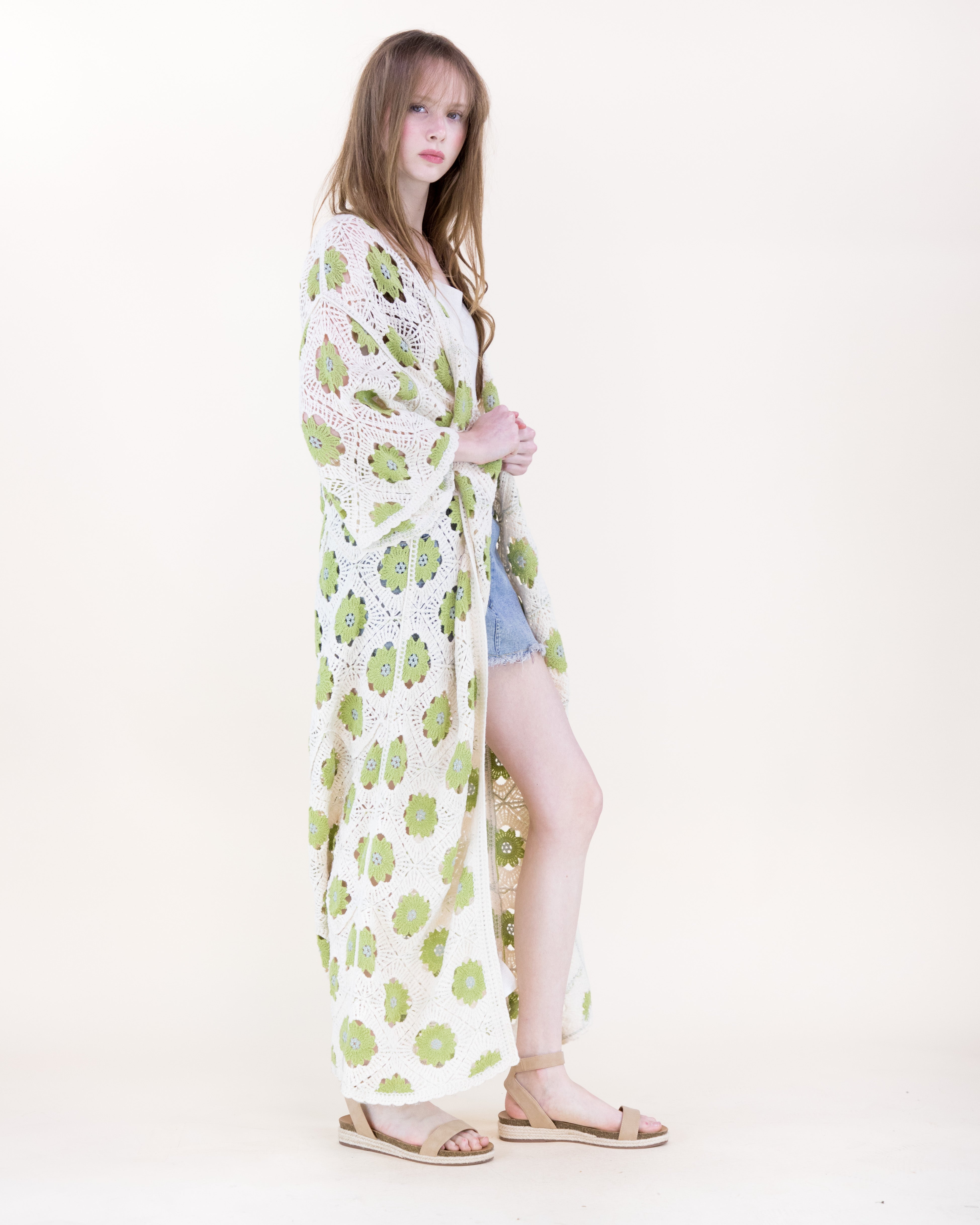 Petunia Half Sleeve Maxi Crochet Kimono Cardigan - BROWN (OS) (Pack of 6)