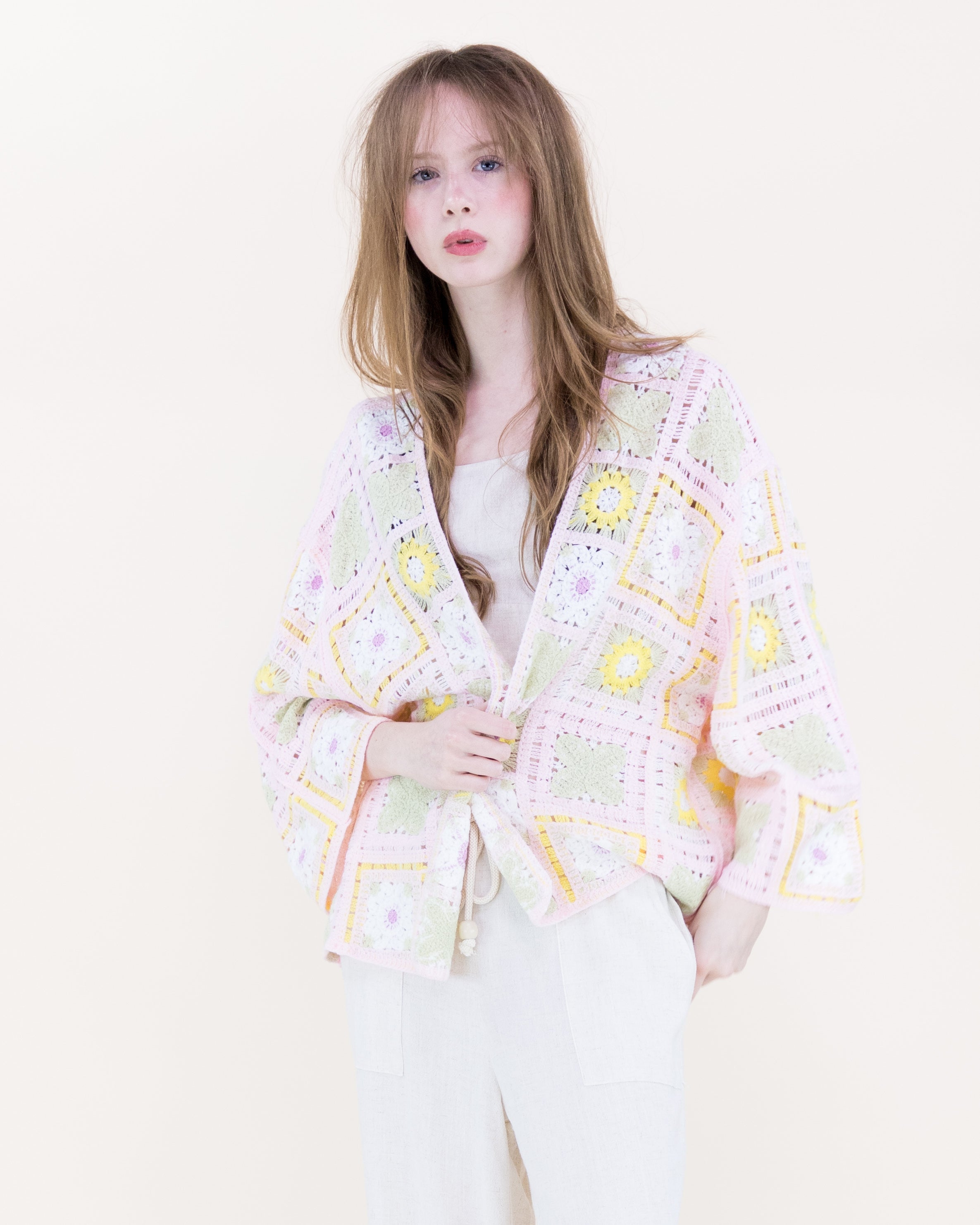 Sunny Floral Granny Square Crochet Long Sleeve Cardigan - PINK (OS) (Pack of 6)