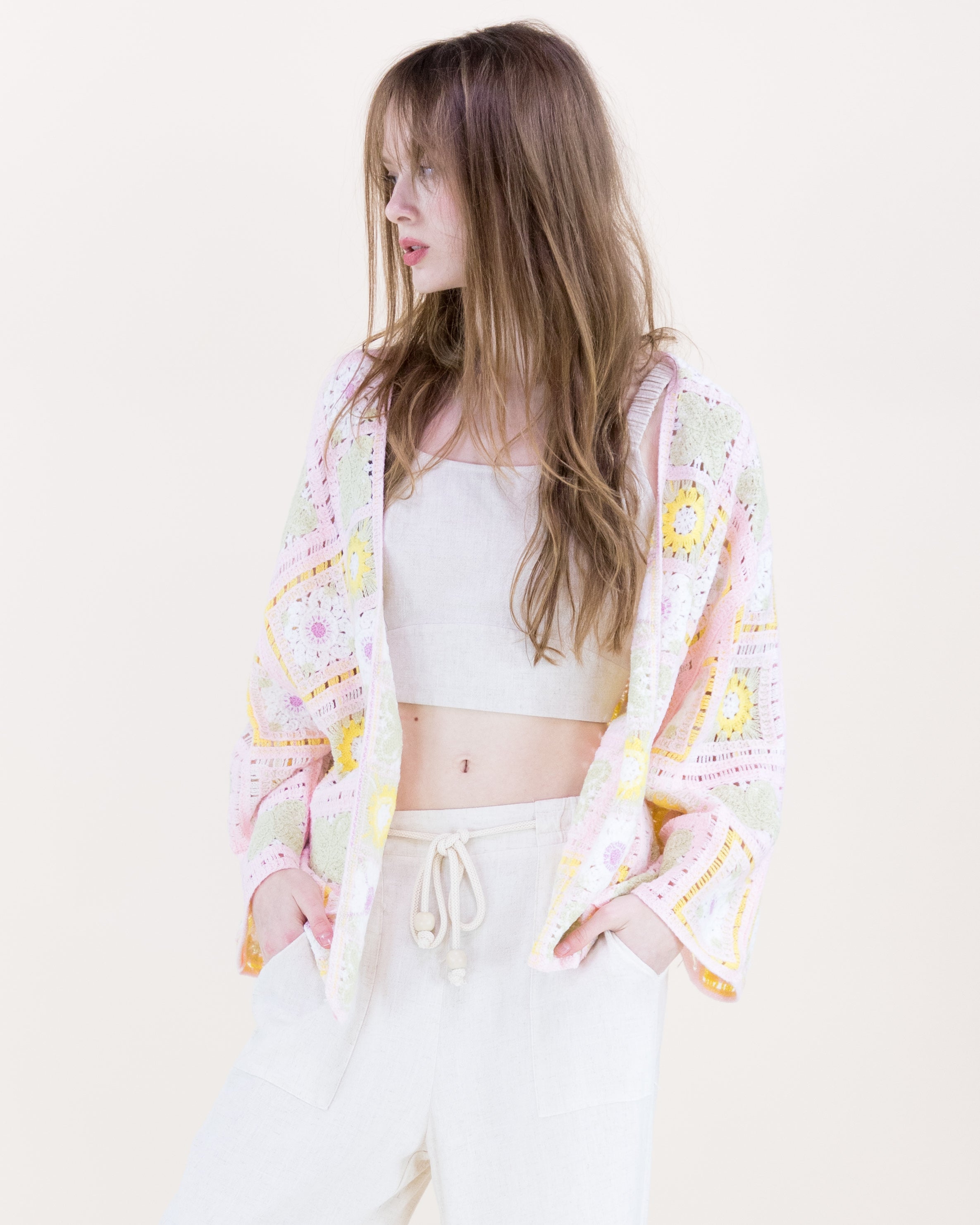 Sunny Floral Granny Square Crochet Long Sleeve Cardigan - PINK (OS) (Pack of 6)