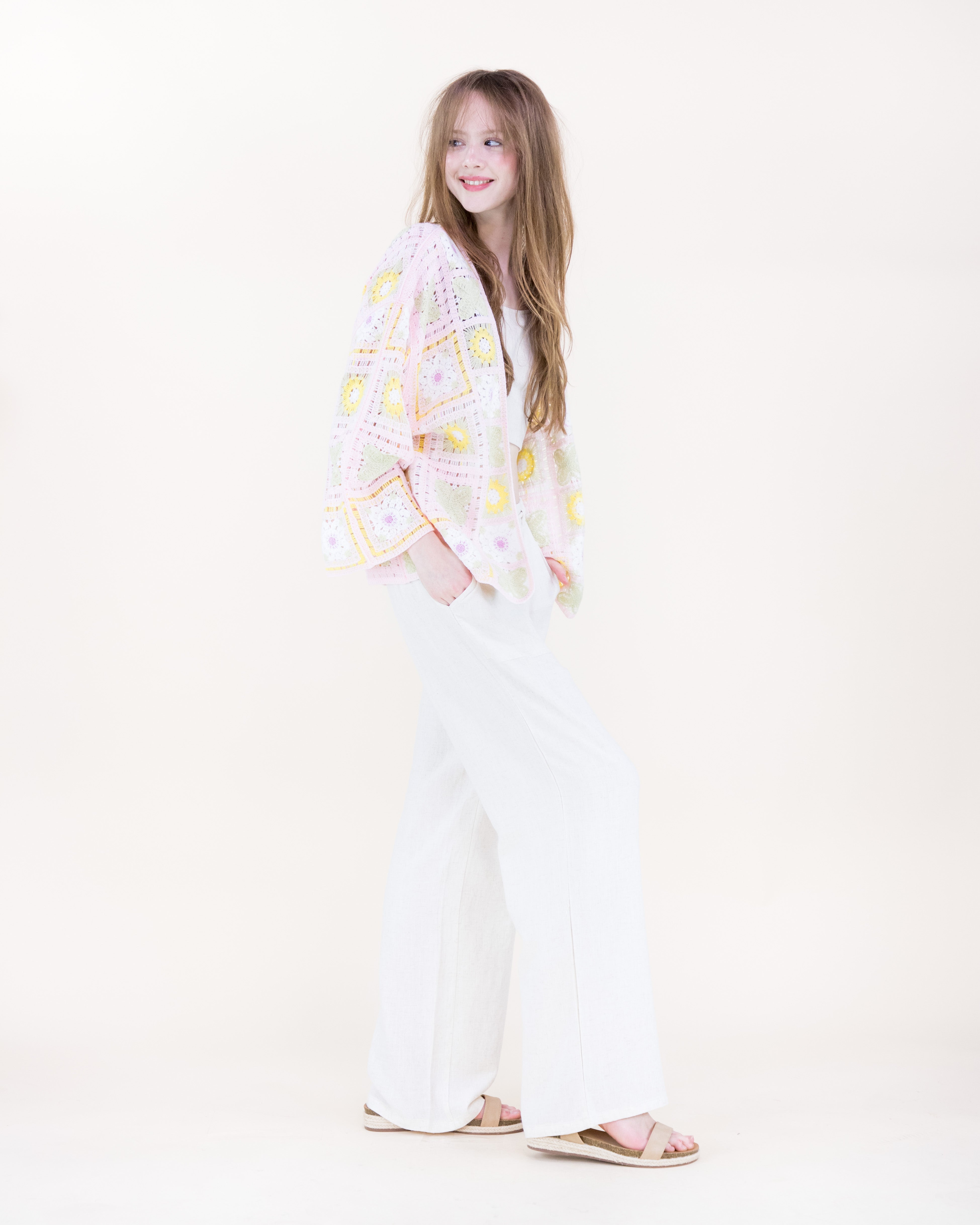 Sunny Floral Granny Square Crochet Long Sleeve Cardigan - PINK (OS) (Pack of 6)