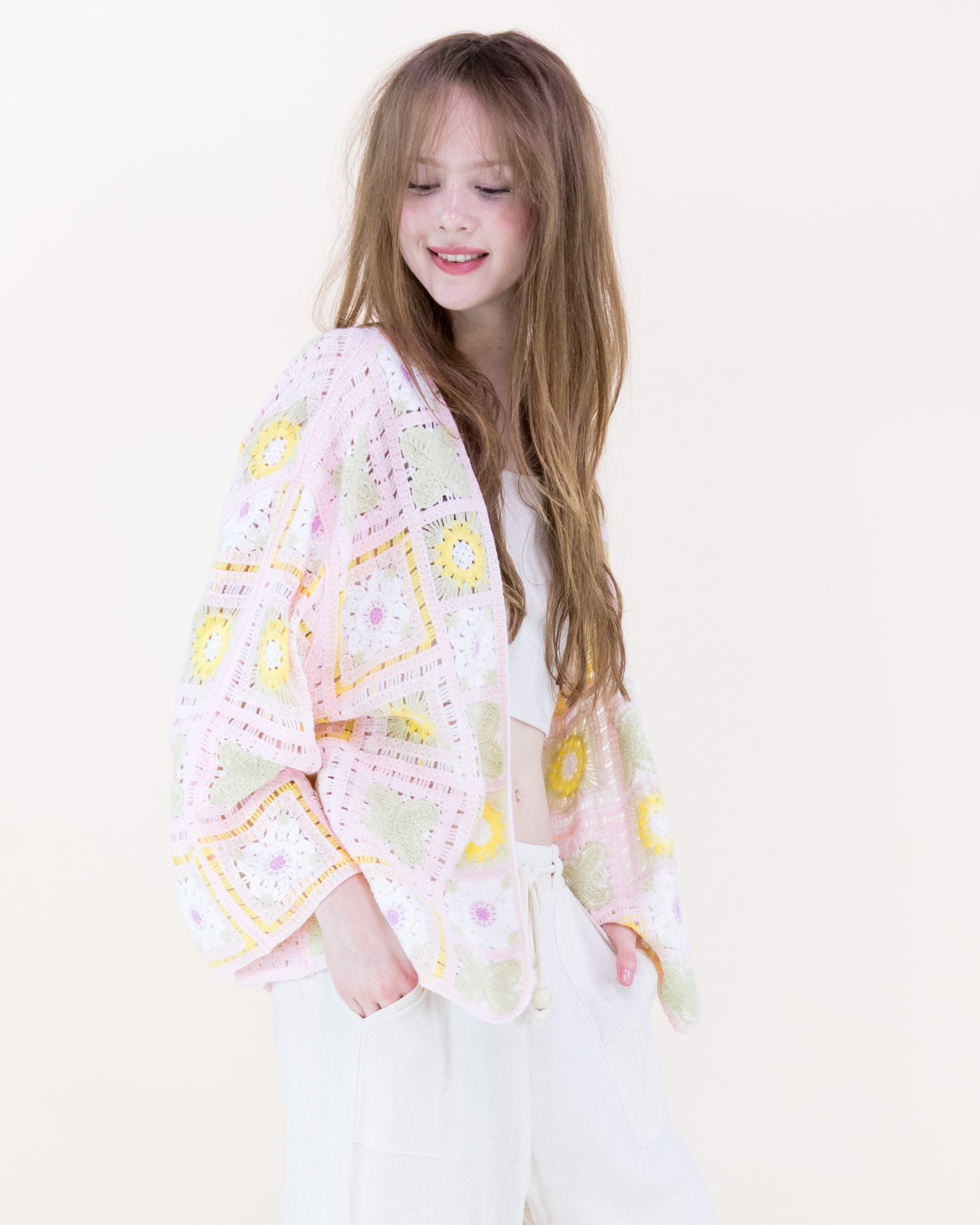 Sunny Floral Granny Square Crochet Long Sleeve Cardigan - PINK (OS) (Pack of 6)