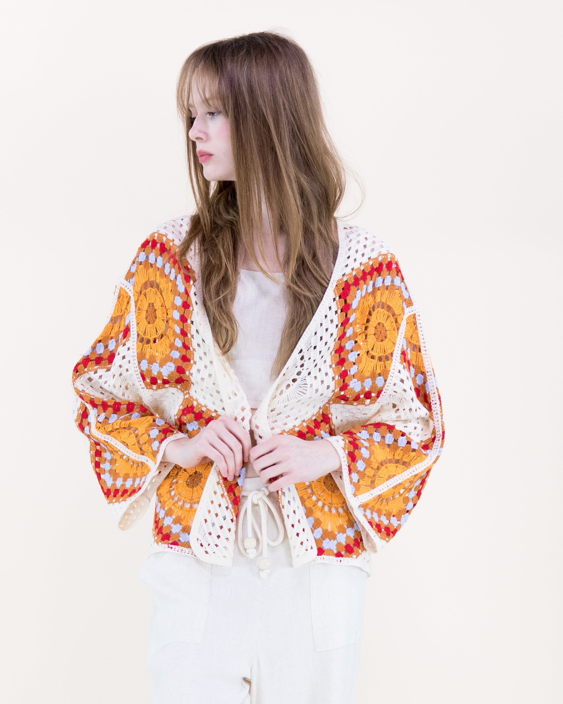 Sunburst Mosaic Open Stitch Long Sleeve Cardigan - ORANGE (OS) (Pack of 6)