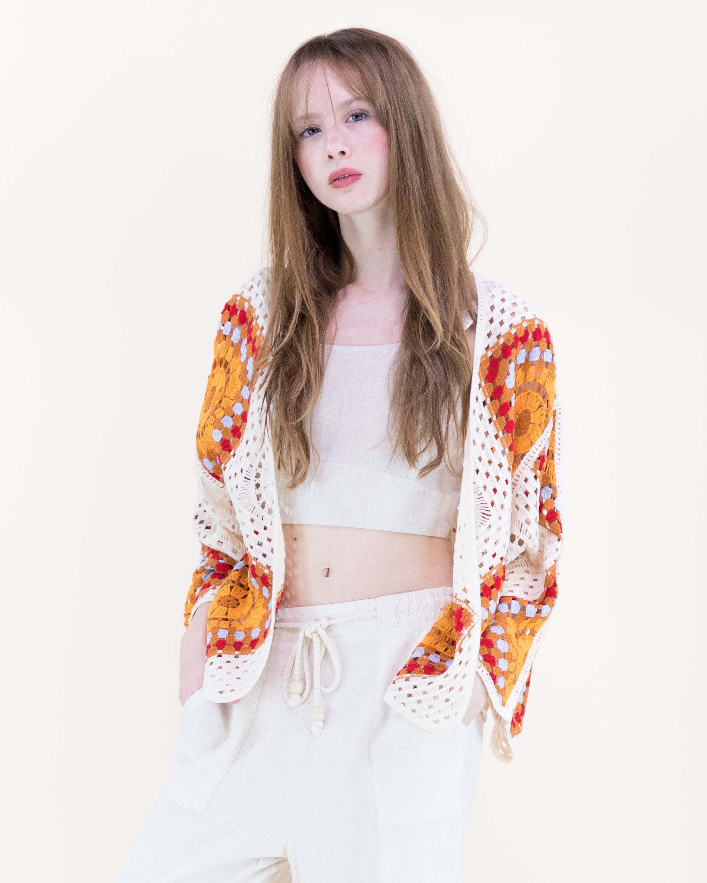 Sunburst Mosaic Open Stitch Long Sleeve Cardigan - ORANGE (OS) (Pack of 6)